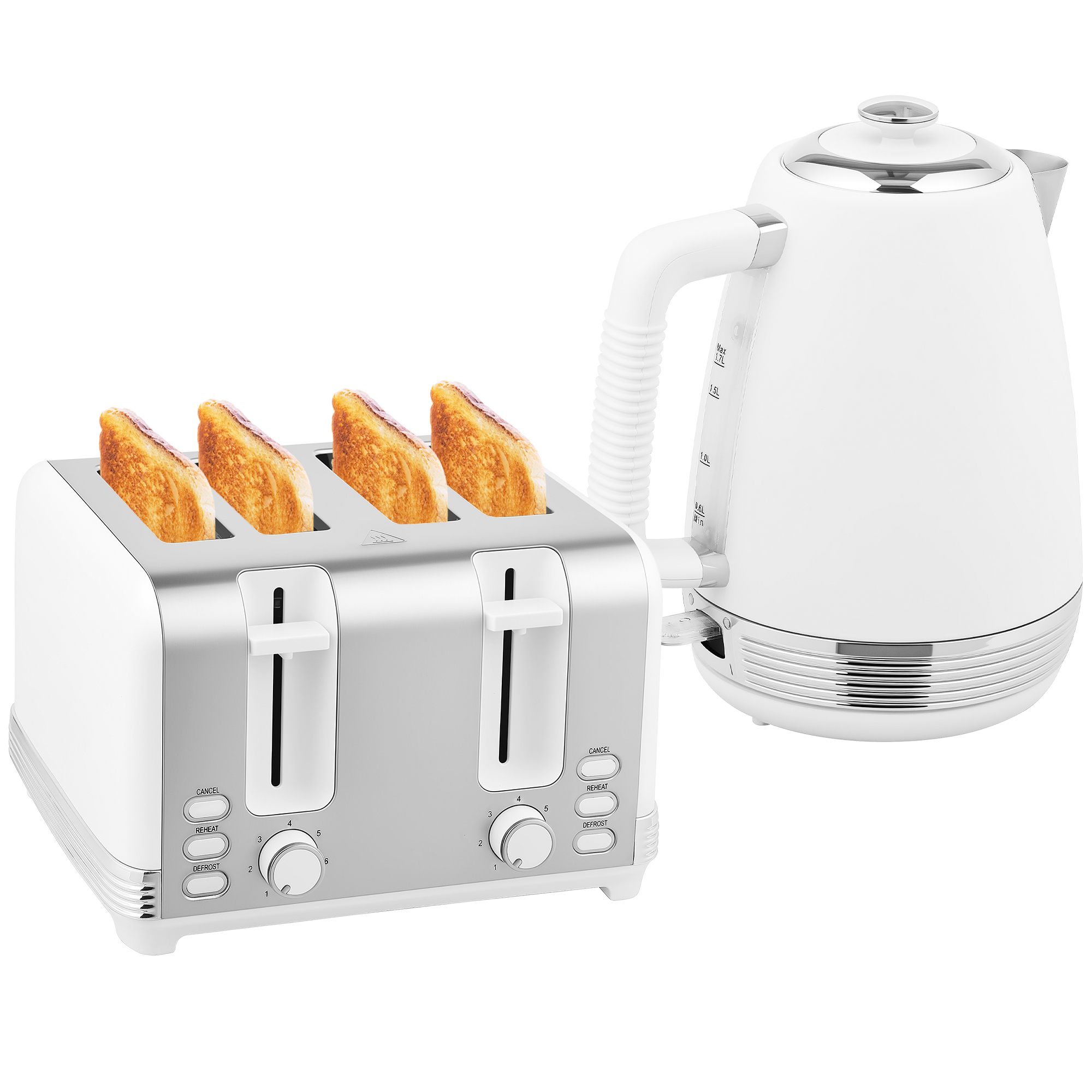 HOMCOM Wasserkocher und Toaster Set aus Edelstahl 2200 W und 1,7 L, 4-Scheiben Toaster, 7 Bräunungsstufen, schnelles Aufheizen, Strix-Thermostat, Anti-Kalk-Filter und Krümelschublade, Weiß   Aosom