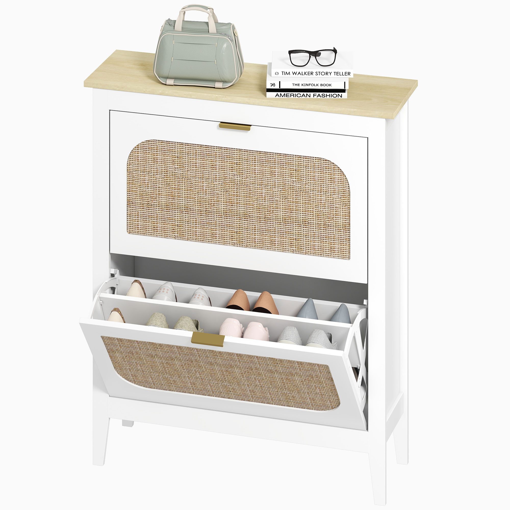 HOMCOM Schuhschrank Estrecho mit 2 Türen aus Rattan Schuhschrank Flur mit verstellbaren Regalen für 14 Paare Schuhe 80x24x95,5 cm Weiß Aosom