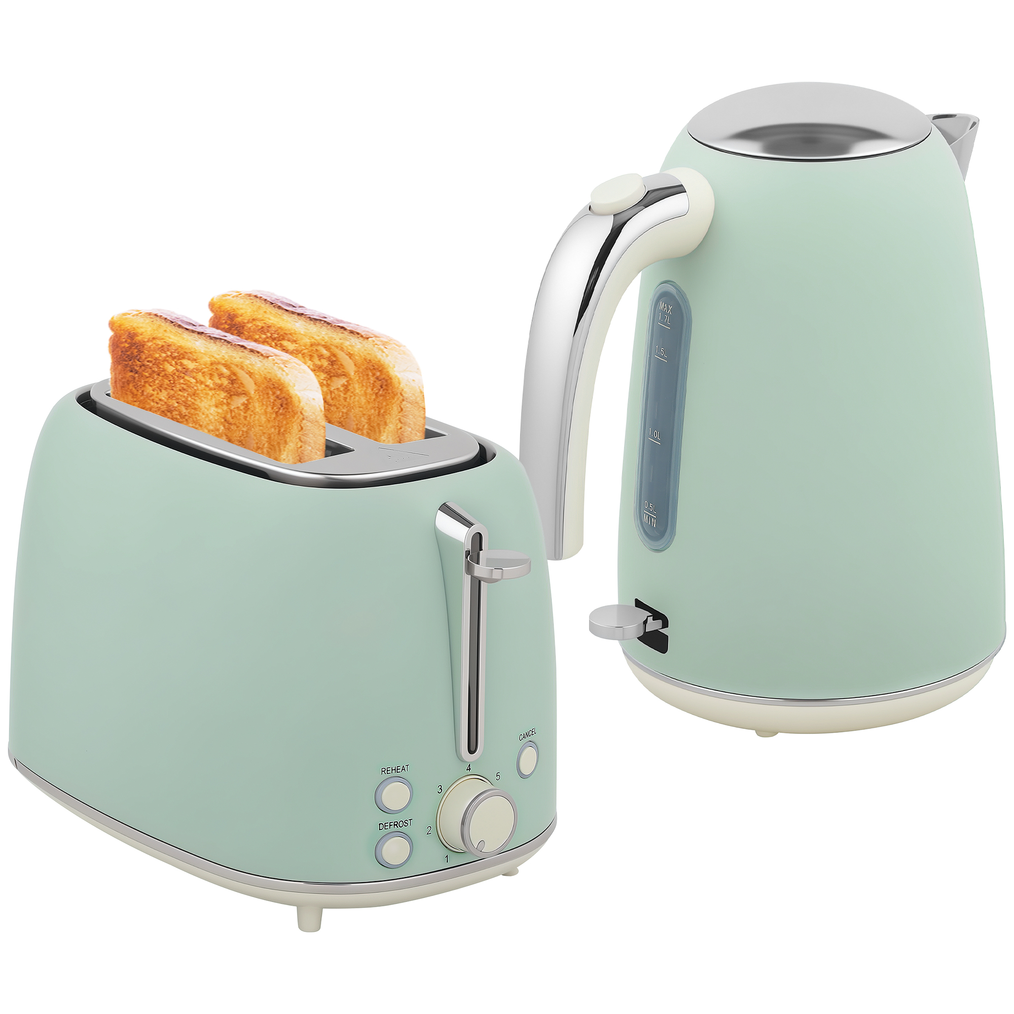 HOMCOM Set Wasserkocher und Toaster aus Edelstahl 2200 W und 1,7 L, 2-Scheiben Toaster, 7 Bräunungsstufen, Schnellheizung, Strix Thermostat, Entkalkungsfilter und Krümeltablett, grün   Aosom
