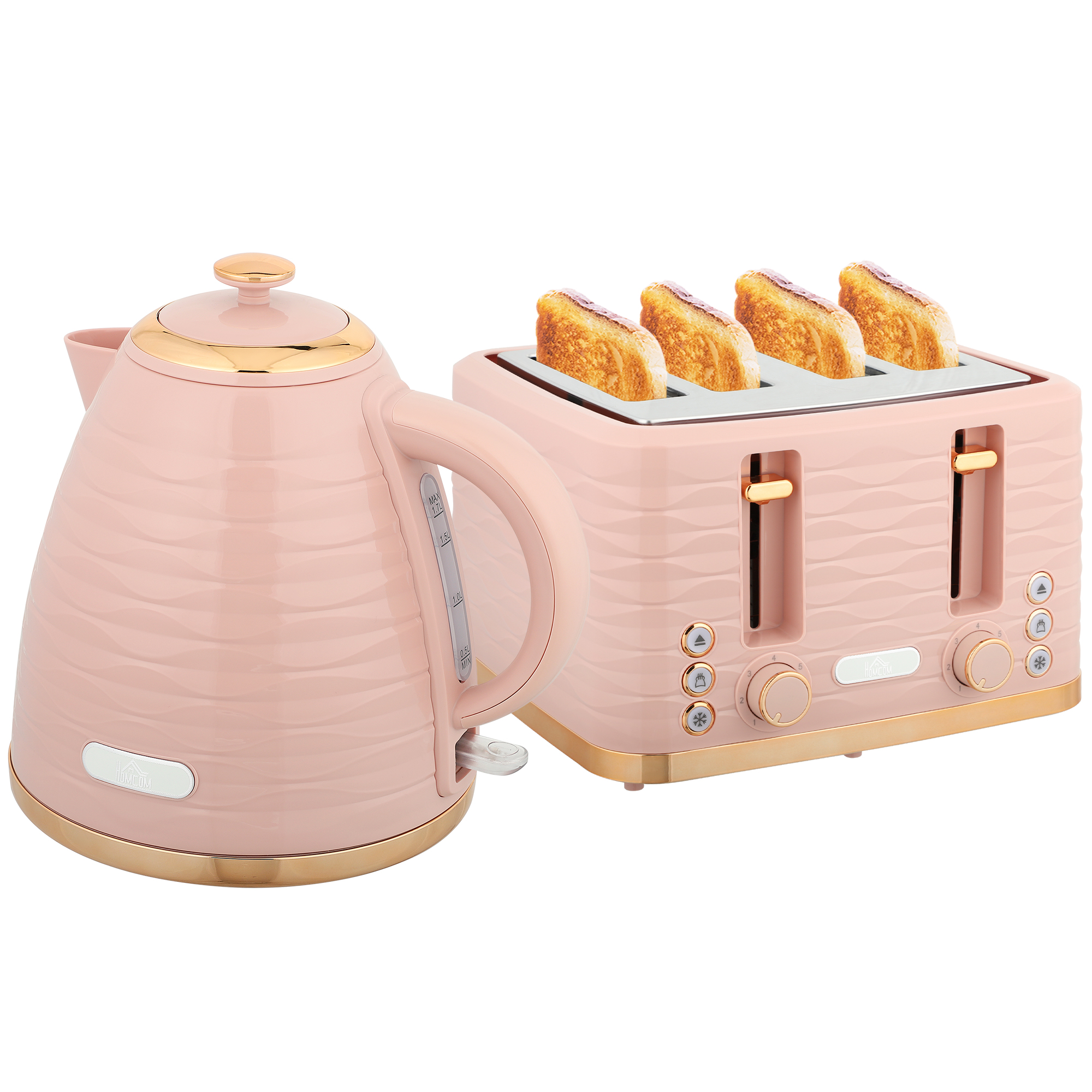 HOMCOM Wasserkocher Toaster Set Frühstück-Set mit 1,7L Wasserkocher, 4 Scheiben Toaster, 2200 W, 7 Bräunungsstufen, Auftauen, Aufwärmen und Krümelfach, UK Otter Thermostat, Rosa   Aosom