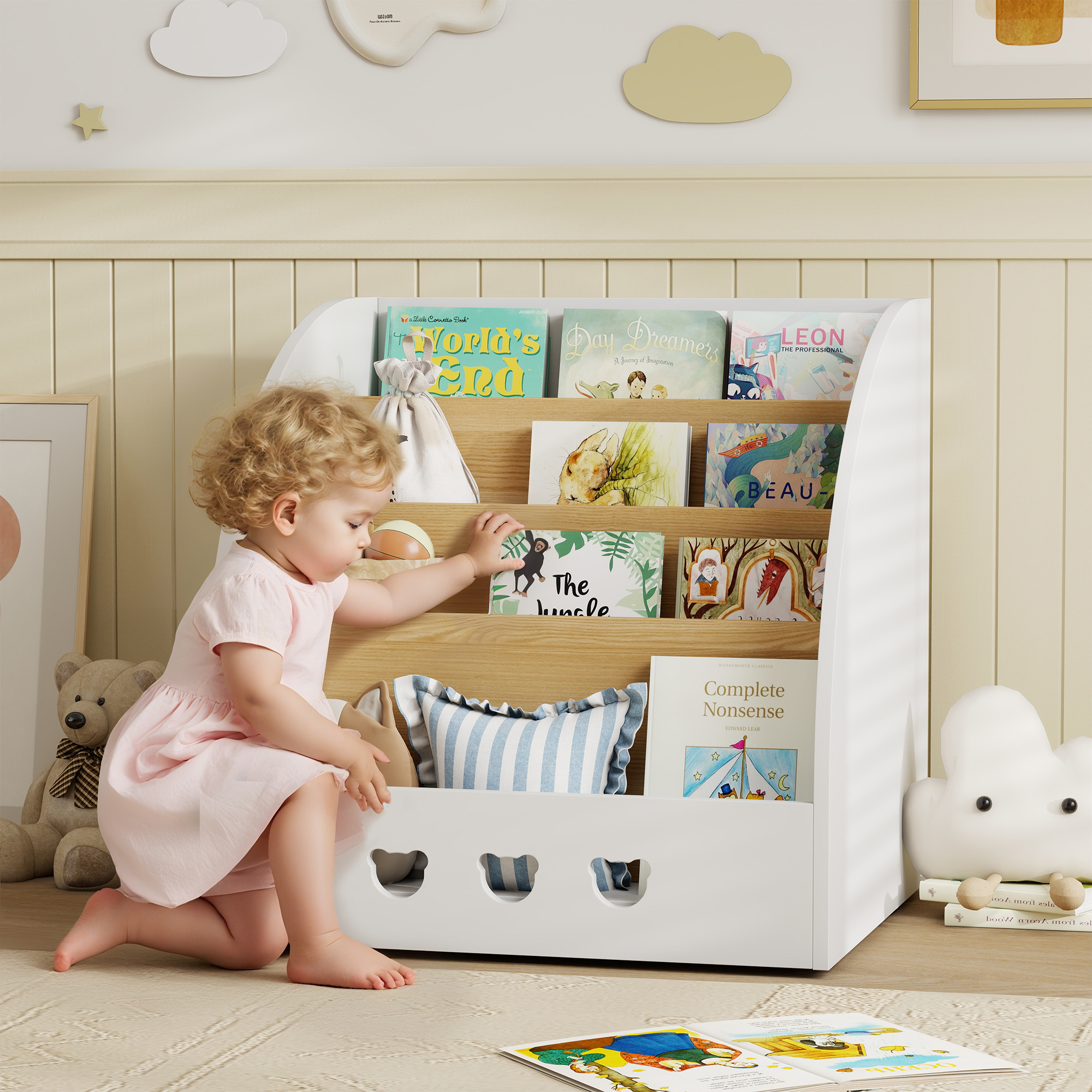AIYAPLAY Kinderregal für Spielzeug Spielzeugorganisator mit 4 Ebenen und verstecktem Fach für das Kinderzimmer Spielzimmer Kindertagesstätte Weiß und Natur   Aosom