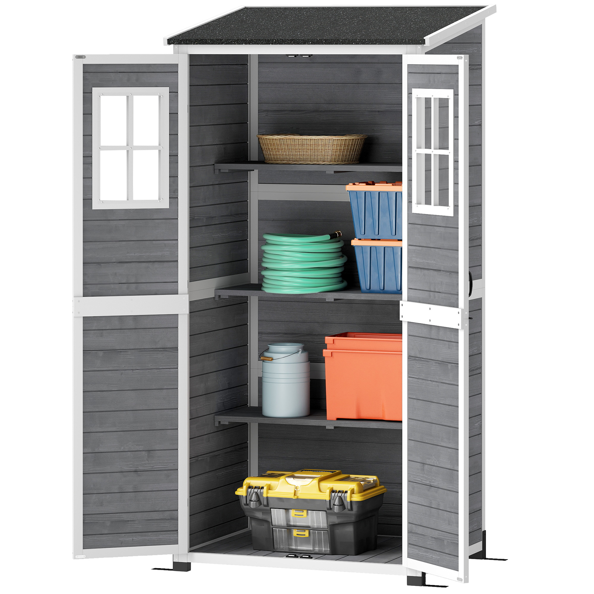 Outsunny Gartenschrank Holz, Geräteschuppen mit Abschließbar Tür 2 Fenstern Bodenplatte Asphalt-Pultdach Ablage 91x69x192cm, wetterfest Geräteschrank, Gerätehaus für Garten, Terrasse, Hellgrau   Aosom