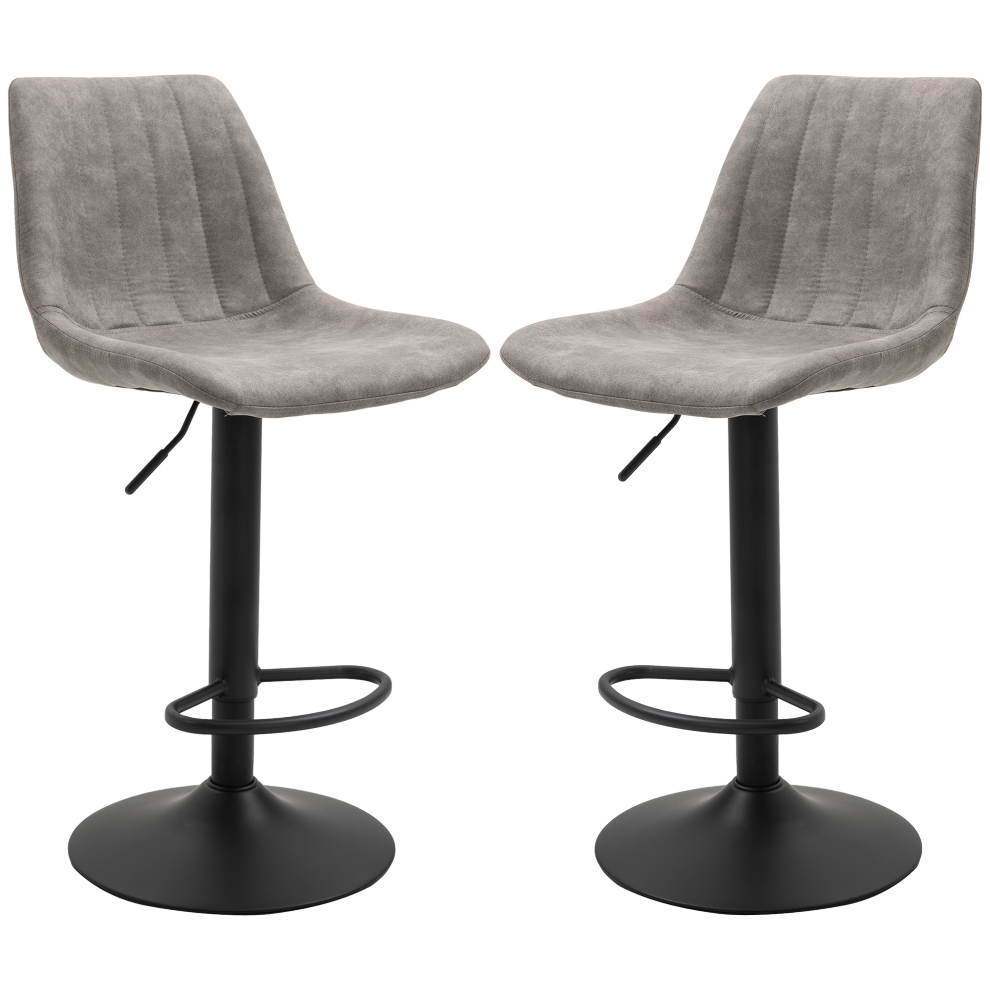 HOMCOM Barhocker 2er Set, Gepolstert Barstuhl mit Metallgestell, Lehne, Höhenverstellbar Küchenstühle mit Fußstütze, 360° Drehbar, Tresenhocker für Küche, Wohnzimmer, Esszimmer, Mikrofasertuch, Grau Aosom