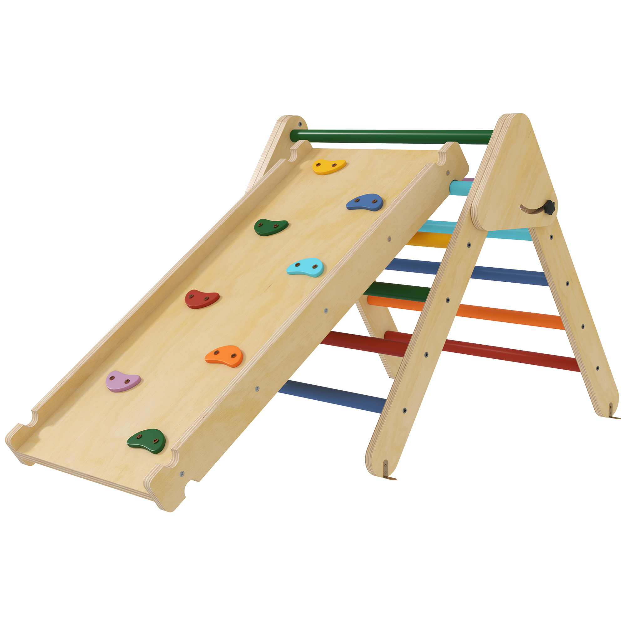 AIYAPLAY 3 in 1 Kletterdreieck Kinder, Doppelseitige Rutsche zum Klettern & Rutschen - Motorikparcours aus Holz für Kinderzimmer, Innenbereich für 18 bis 48 Monate, max. 50 kg, mehrfarbig   Aosom