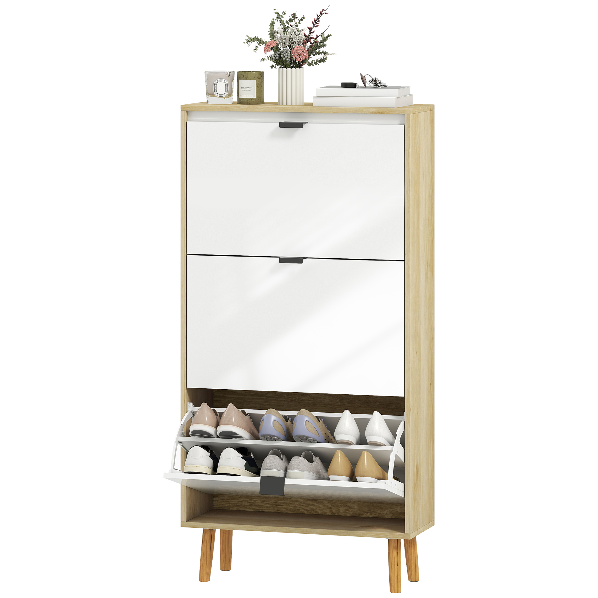 HOMCOM Schuhschrank 18 Paare, Hochglanzfront, schmaler Schuhschrank mit 3 klappbaren Schubladen und verstellbaren Regalen, moderner Stil, für Flur, Eingang, 60x24x127cm, weiß Aosom