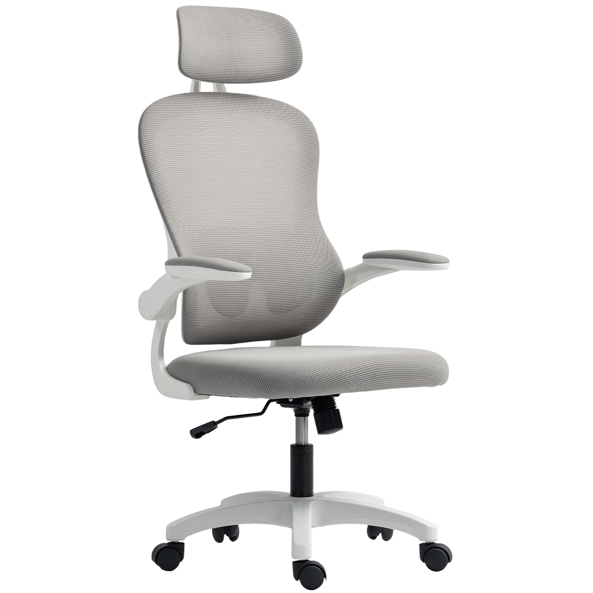 HOMCOM Bürostuhl Ergonomischer Schreibtischstuhl mit Hochklappbaren Armlehnen, Verstellbarer Lendenwirbelstütze und Kopfteil, Höhenverstellbarer Drehstuhl mit Wippfunktion, Netzbespannung Grau Aosom