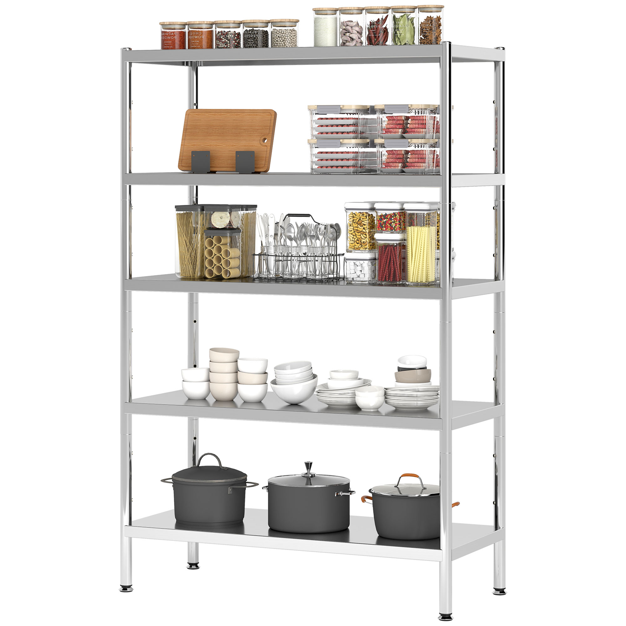 HOMCOM Küchenregal mit 5 verstellbaren Regalen auf 13 verschiedenen Höhen, Edelstahlregal 201, für Gewürze, Töpfe und Pfannen, 91x40x139 cm, Silber   Aosom