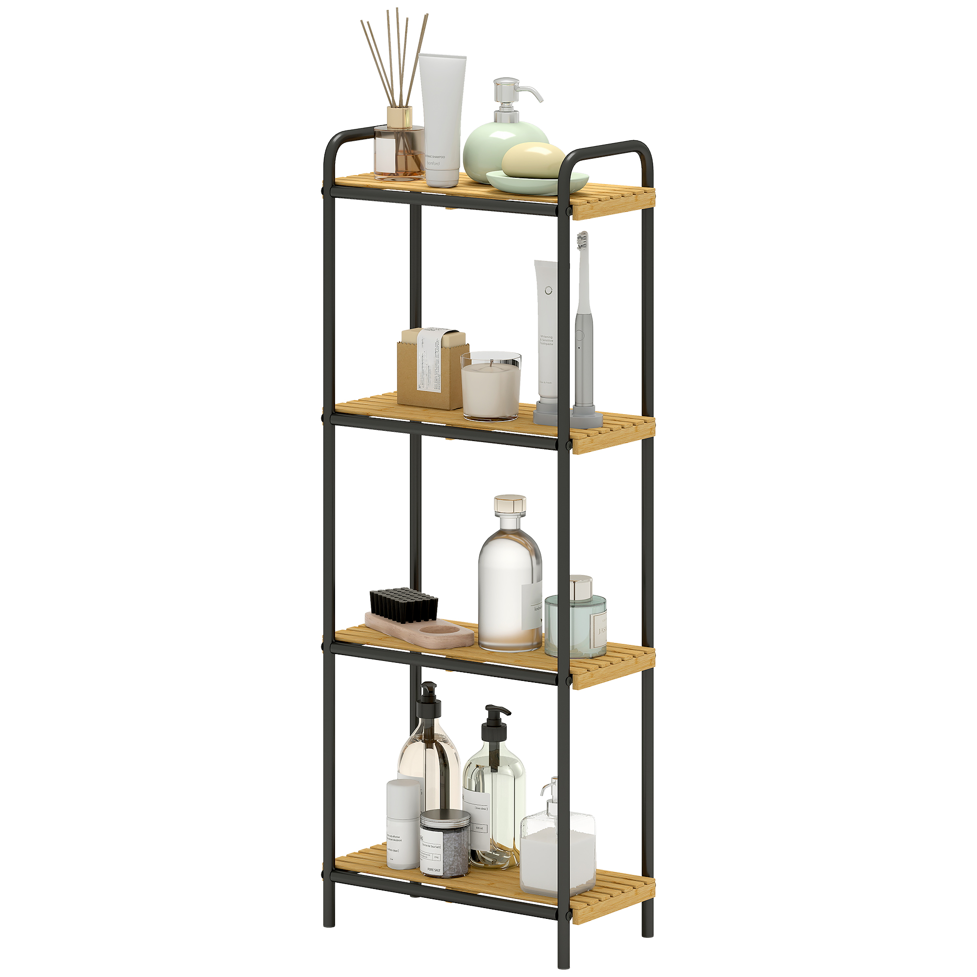 HOMCOM Bambus Badezimmerregal mit 4 Ebenen Lagerregal mit 4 offenen Regalen Lamellendesign und Stahlstruktur für Küche Badezimmer Wohnzimmer 41,5x21,5x106 cm Natur und Schwarz   Aosom
