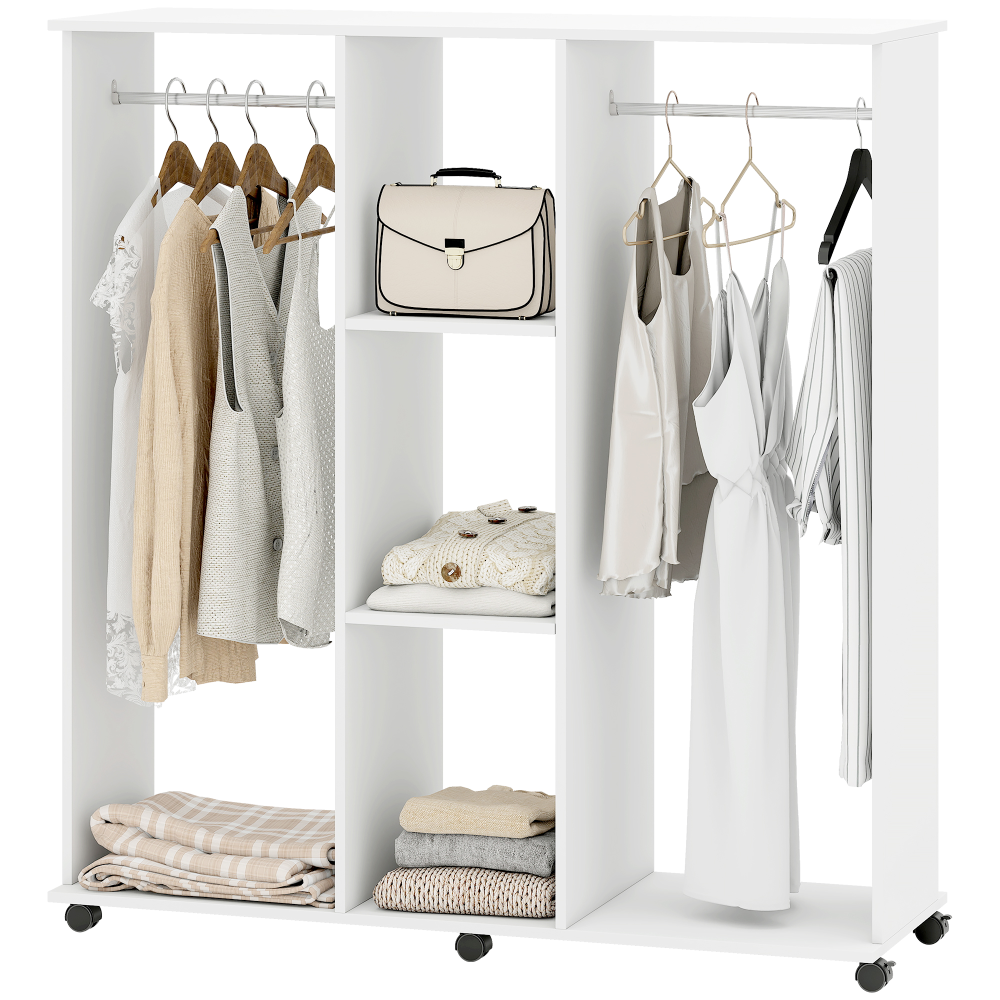 HOMCOM Doppelschrank-Garderobe Mobiler Aufbewahrungsschrank 6 Rollen 120B x 40T x 128H cm aus Holz Weiß Aosom