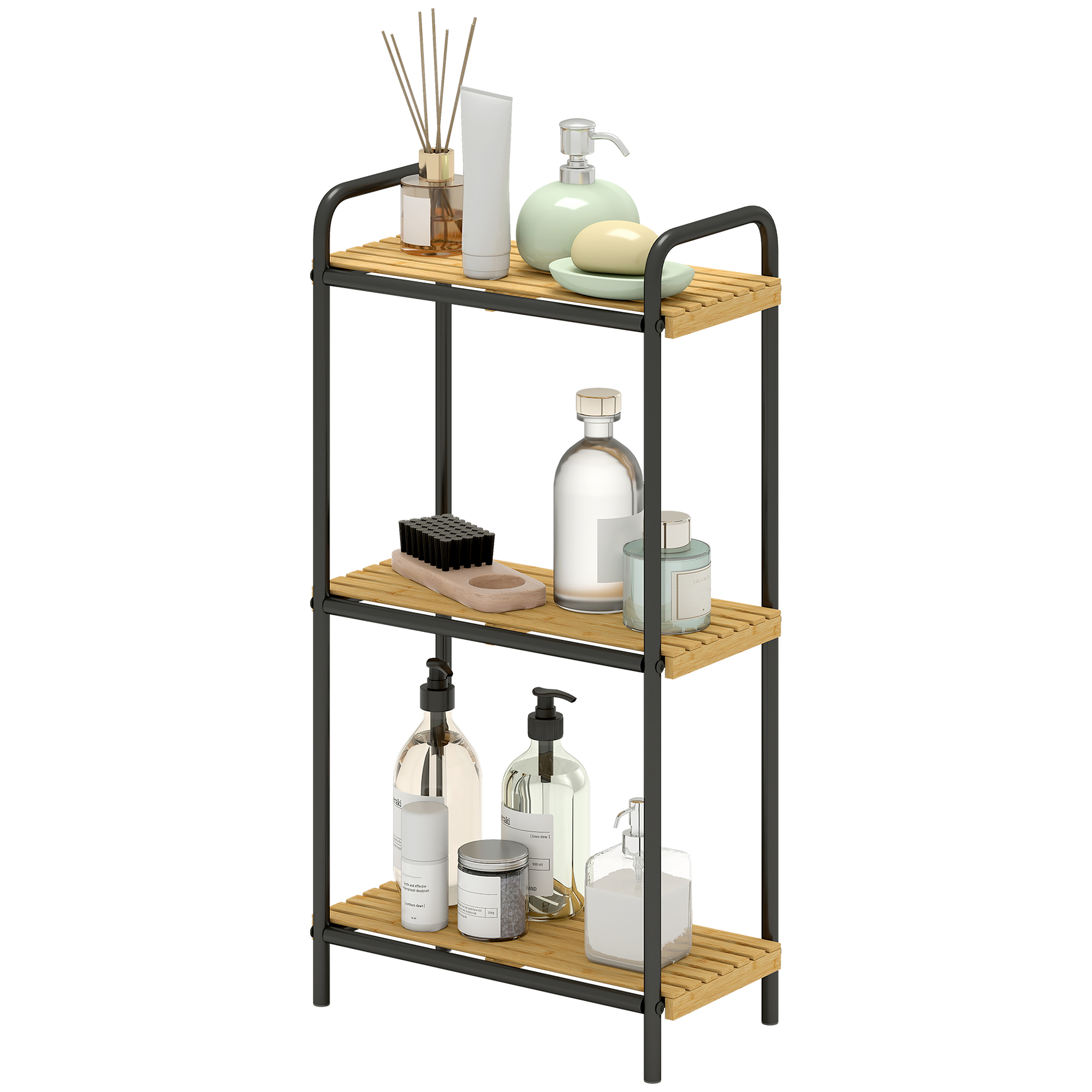 HOMCOM Bambus Badezimmerregal mit 3 Ebenen Aufbewahrungsetagere mit 3 offenen Regalen Lamellendesign und Stahlstruktur für Küche Badezimmer Wohnzimmer 41,5x21,5x77,5 cm Natur und Schwarz   Aosom