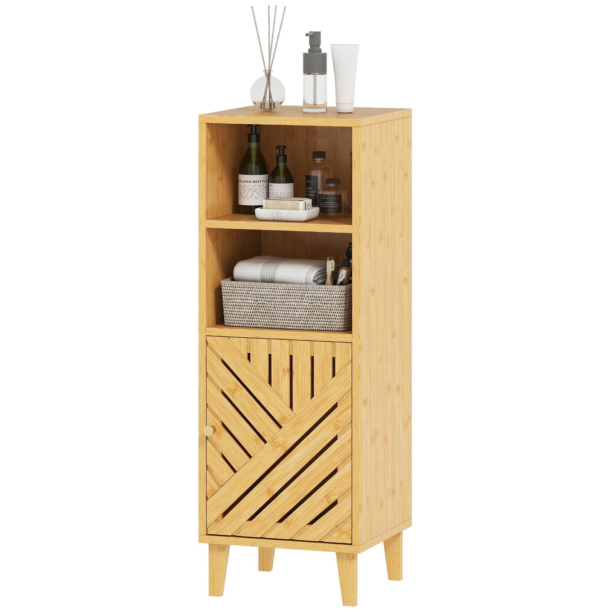 HOMCOM Badezimmerschrank Schmaler Badezimmer-Beistellschrank 32x30x90 cm mit 2 Offenen Regalen Bambustür und -Beine Modernes Design für Kleine Räume Natur   Aosom
