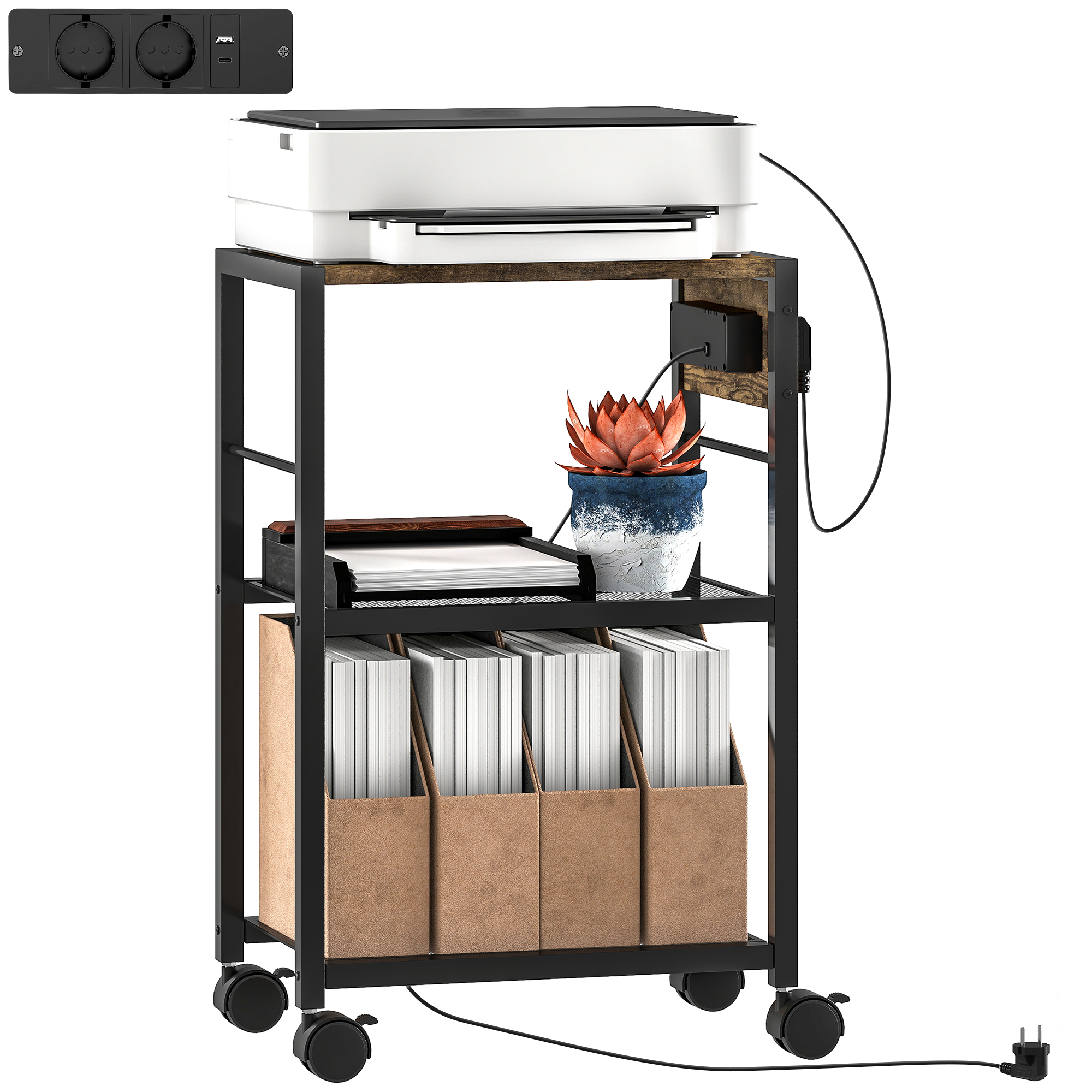 HOMCOM Druckerständer mit Rollen Druckeregal mit Steckdosen, USB- und USB-C-Anschlüsse, Aktenschrank Rollcontainer Dokument Drucker bis 40 kg, für Büro Arbeitszimmer 42 x 28 x 64,5 cm Rustikalbraun   Aosom