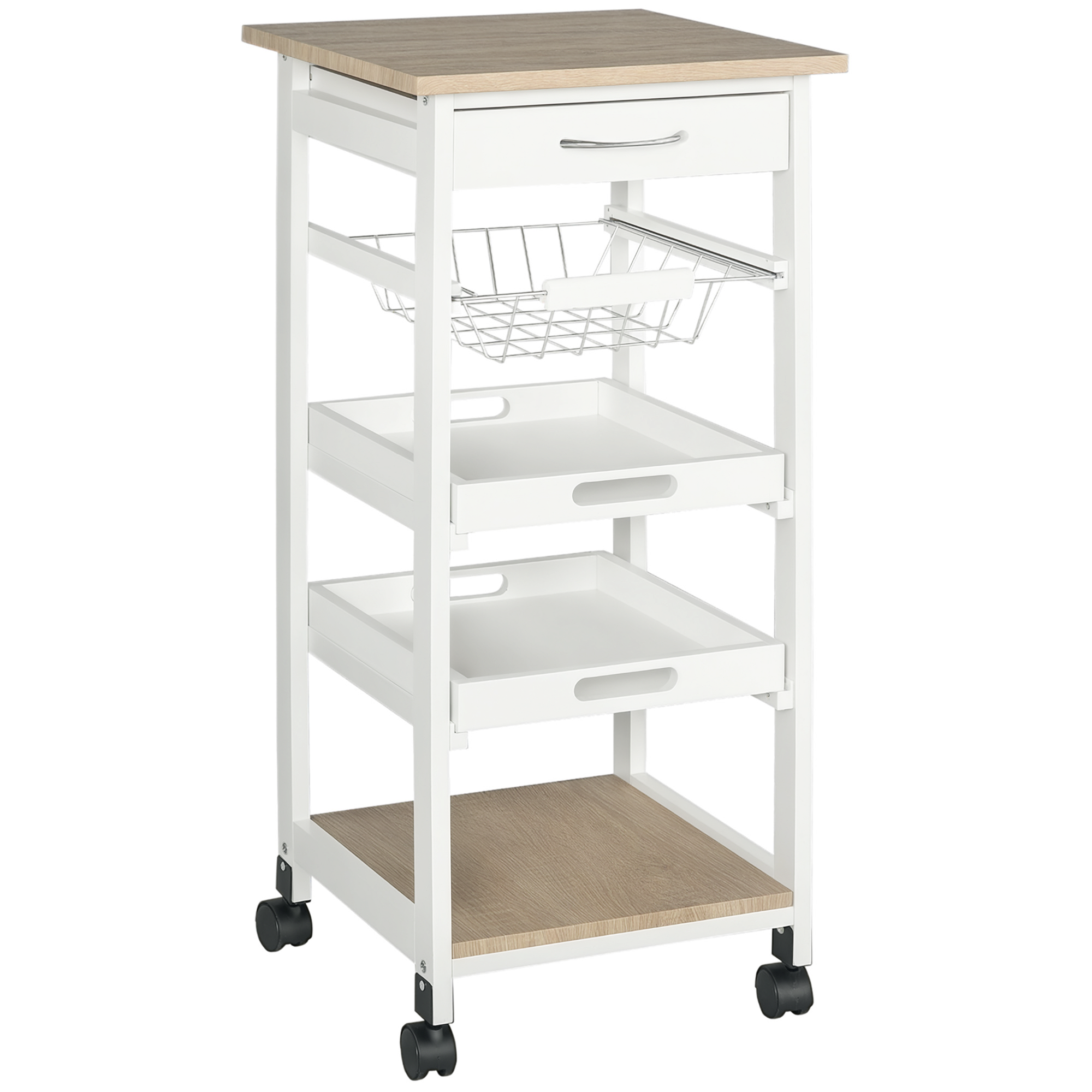 HOMCOM Küchenwagen Servierwagen mit Schublade abnehmbares Tablett Kiefer Weiß 37x37x82 cm für Küche und Essbereich Aosom.de