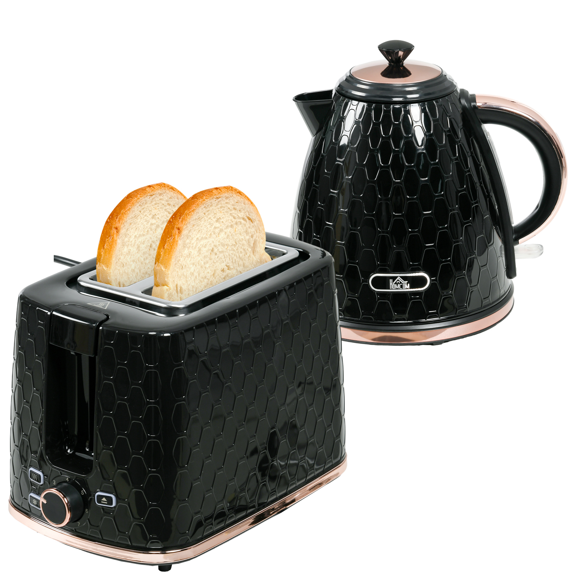HOMCOM Wasserkocher Toaster Set 2200 W 1,7L Wasserkocher, 2 Scheiben Toaster, 7 Bräunungsstufen, Aufwärmen und Auftauen, Frühstück-Set mit Kalkfilter & Krümelfach UK Otter Thermostat Schwarz   Aosom