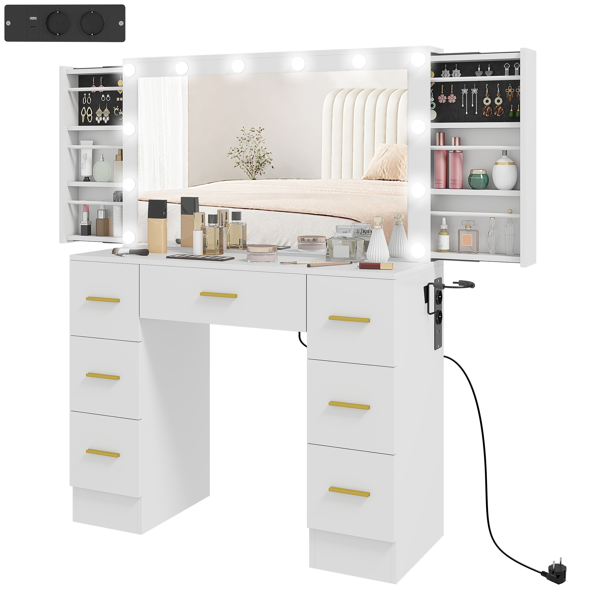 HOMCOM Schminktisch mit 12 LED-Leuchten, Kosmetiktisch mit Spiegel, Frisiertisch mit 7 Schubladen, 6 versteckten Schiebefächern, für Schlafzimmer, Weiß Aosom