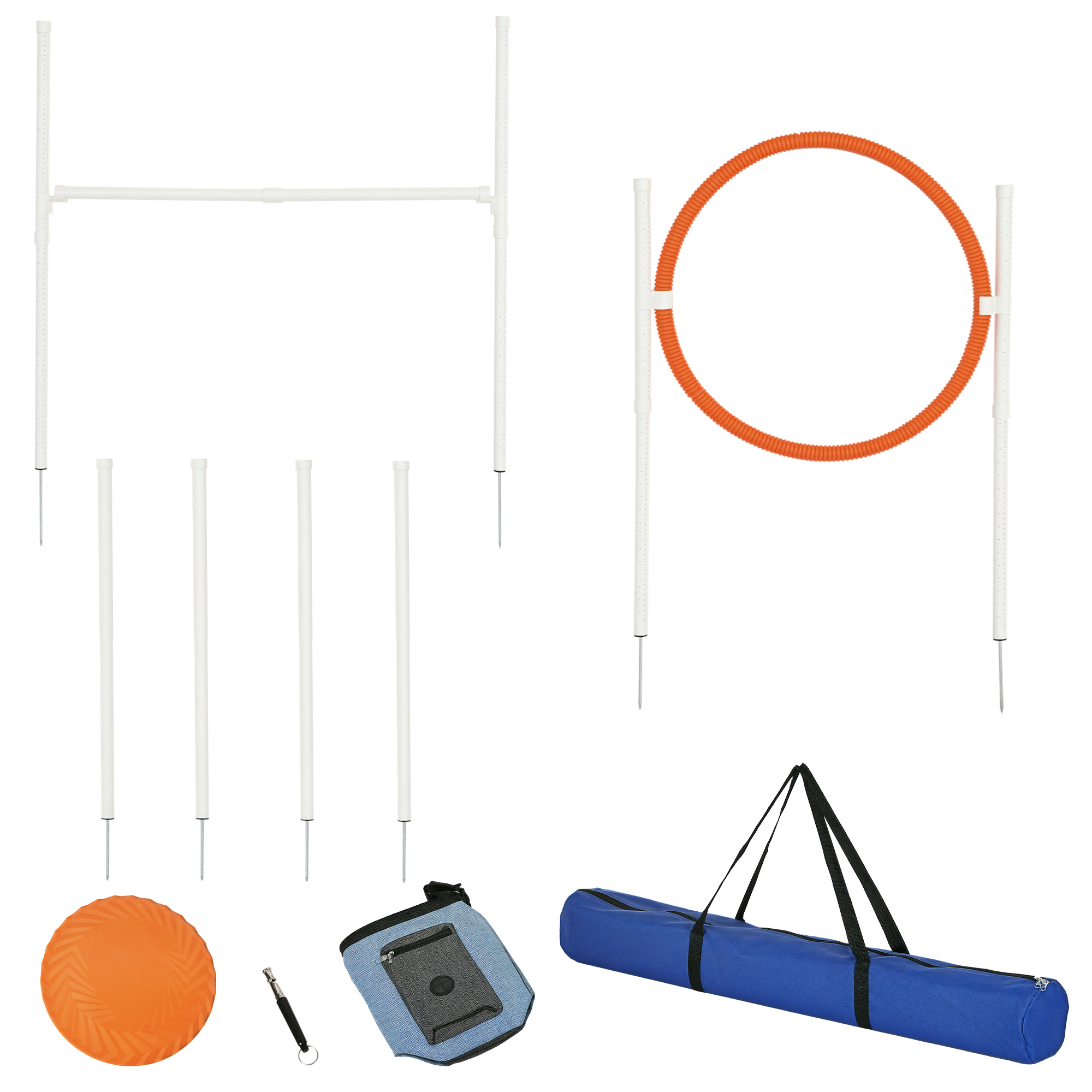 PawHut Agility Set Hunde, 5er-Set Hundetraining mit Höhenverstellbaren Agilityhürde, Futterbeutel, Sprungring, Slalom-Stangen, Steckhürdenset inklusive Pfeife, Tragetasche   Aosom