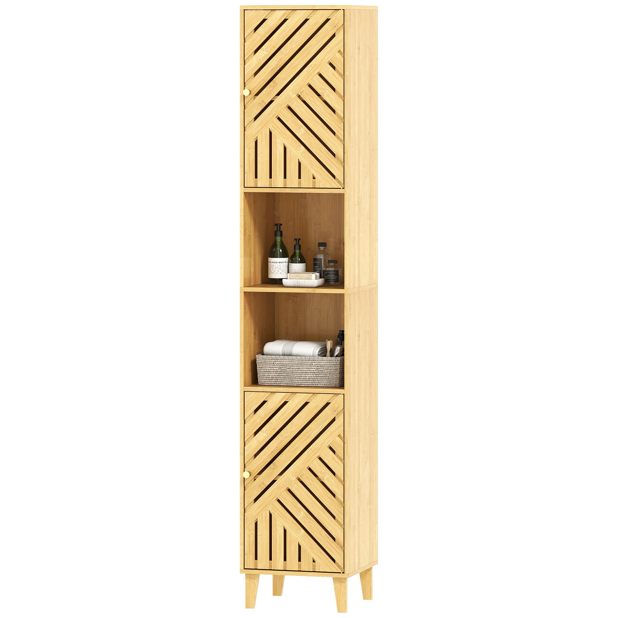HOMCOM Hochschrank Badezimmer, Aufbewahrungsschrank Säule, Bambus Türen und Füße, offene Fächer, verstellbare Regale, schmaler schrank für Toilette, kleine Räume, 32x30x170cm, Naturholz   Aosom