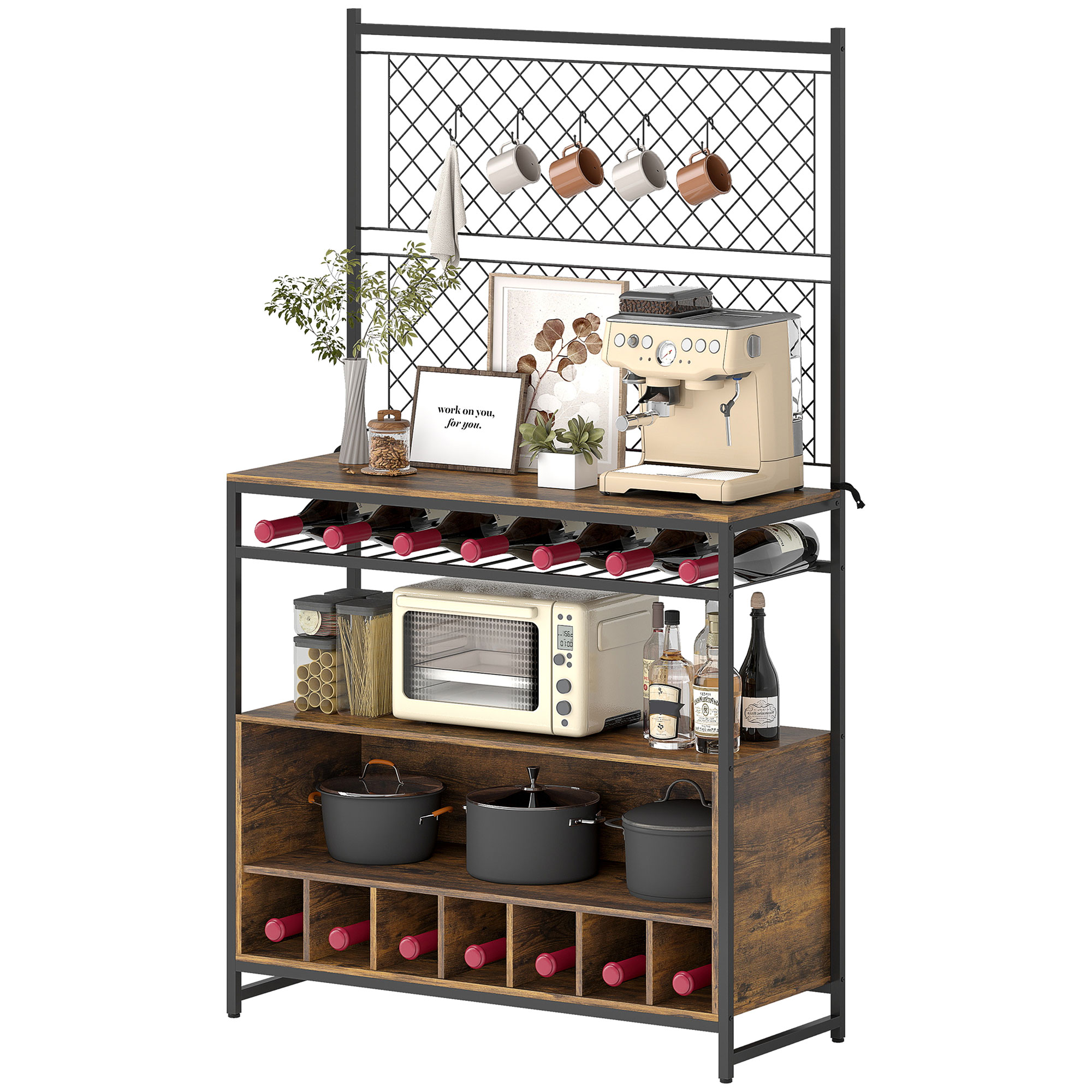 HOMCOM Küchenregal, Standregal mit 5 S-Haken, 2 Ablagen, Metallgitterpaneele, Kaffeebar mit Weinregal, Bäckerregal aus Metallrahmen, Rustikal-Braun, 96,5 x 38 x 165 cm Aosom
