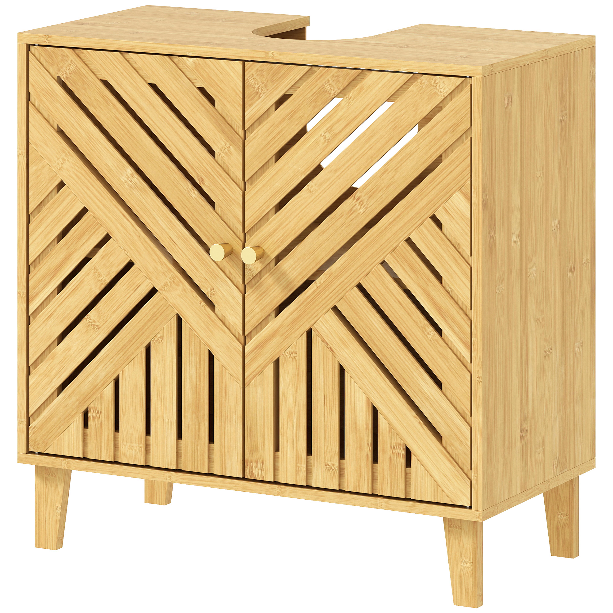HOMCOM Bambus Waschtischunterschrank Badezimmerschrank mit 2 Türen Lamellen und Verstellbarem Regal Badezimmerschrank für Waschbecken ohne Sockel Skandinavischer Stil 60x30x60 cm Natur Aosom