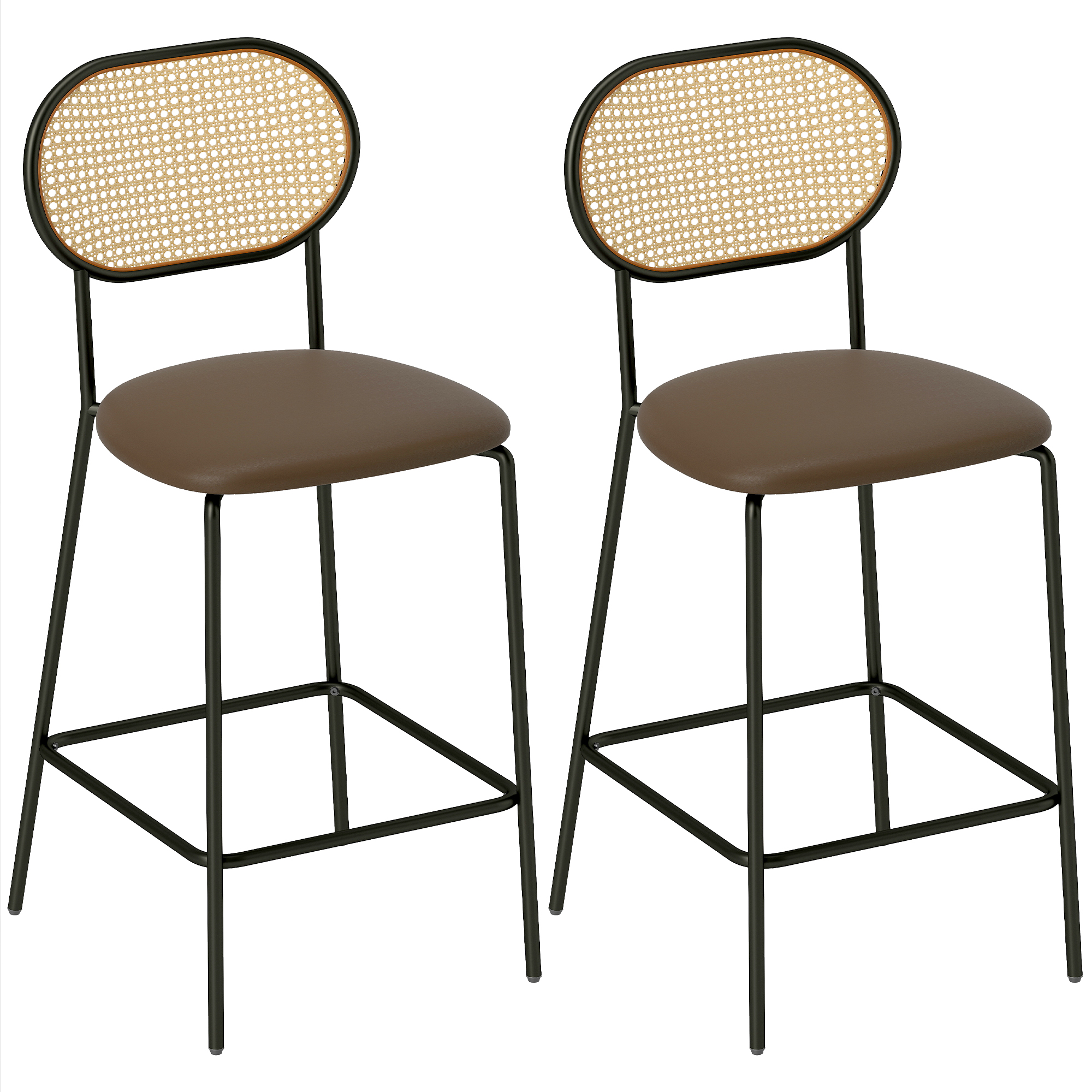 HOMCOM Set mit 2 Barhockern Hochhocker für Küche mit Rattan-Rückenlehne Sitz aus PU Stahlrahmen und Fußstütze für Esszimmer Theke Braun Aosom