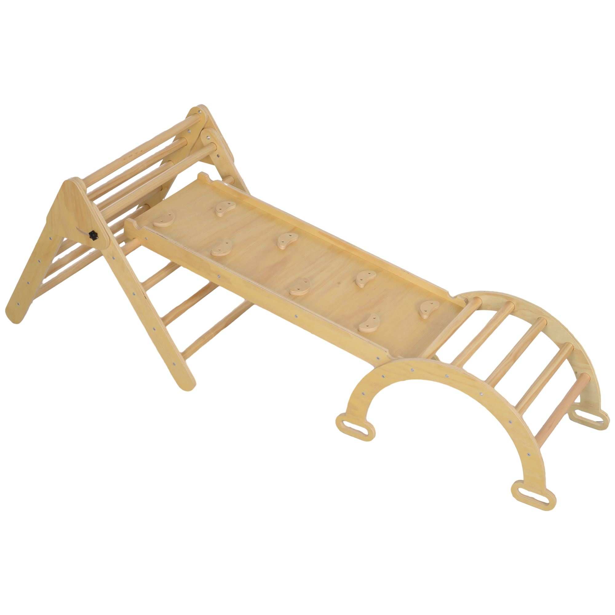 AIYAPLAY 5 in 1 Klappbare Holzkletterdreieck Set,Klettern für Kinder 18-48 Monate mit Bogen-Kletterer und Rutsche zum Rutschen oder Klettern, für Innenbereiche, Naturholz Aosom