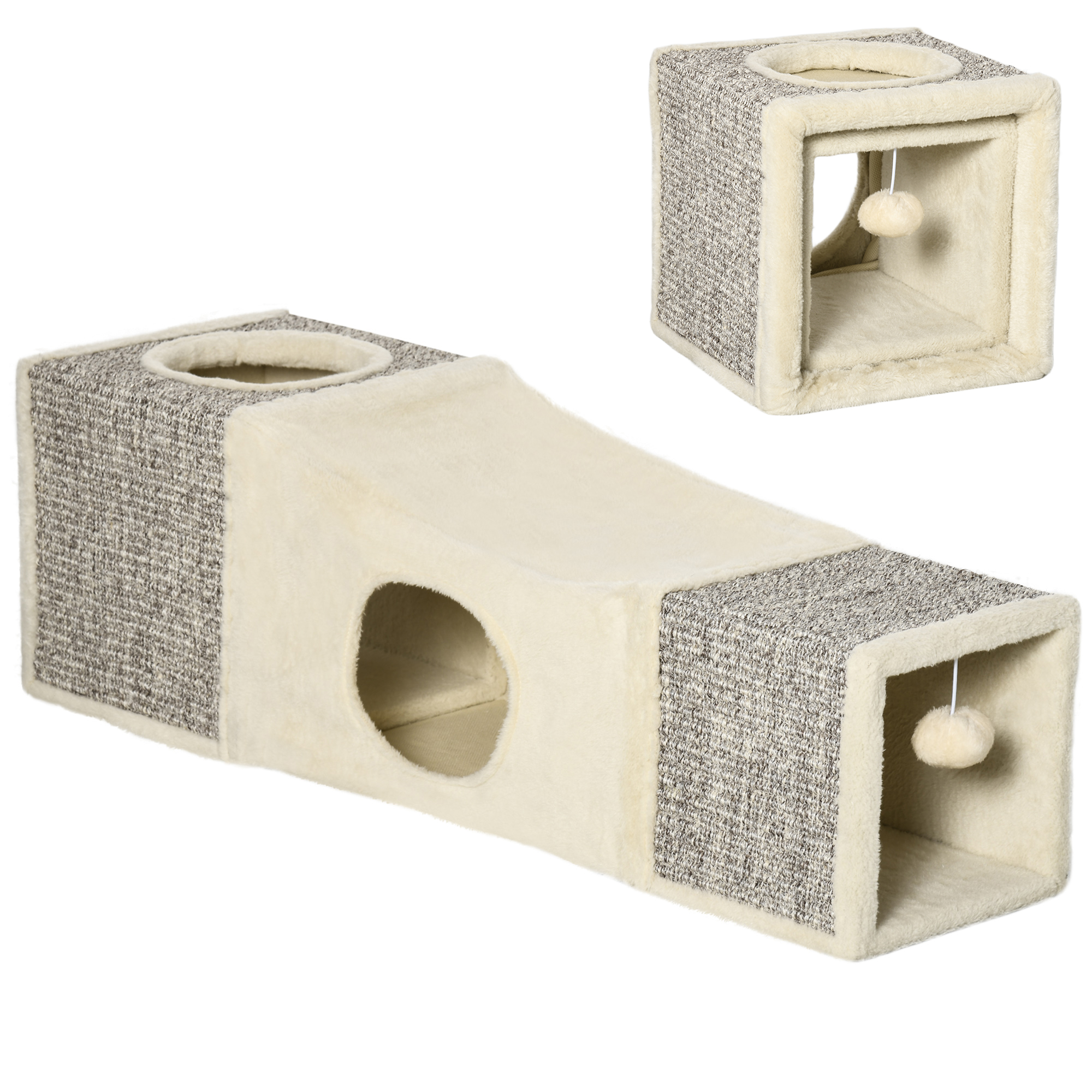 PawHut Katzentunnel mit Spielball Katzenspielzeug, Spieltunnel aus Sisal, Braun+Beige, 98x30x30 cm Aosom