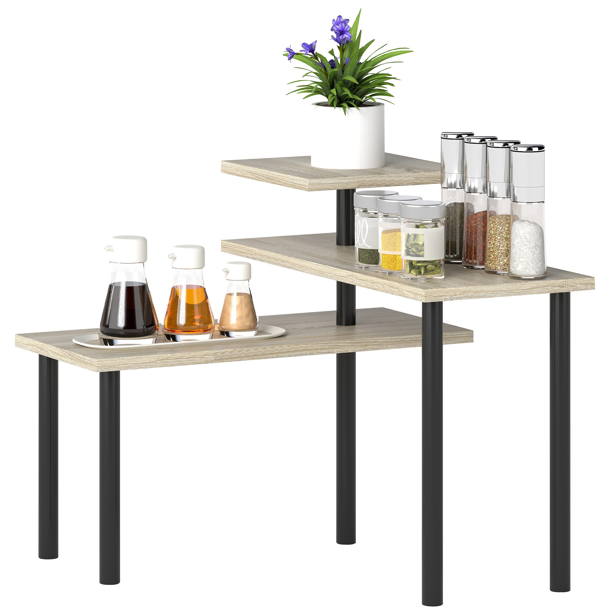 HOMCOM Küchenregal mit 3 Ebenen und 3 Drehbaren Regalen Metallrahmen und Stufendesign für Esszimmer Wohnzimmer Natural Aosom