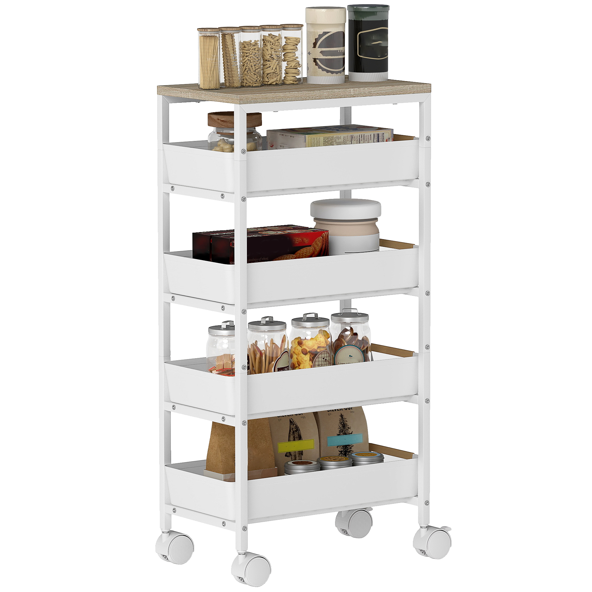 HOMCOM Rollwagen mit 5 Ebenen Küchenwagen schmal Servierwagen mit 4 ausziehbaren Schubladen Nischenregal auf Rollen für Küche, Badezimmer, Metall, 39,5 x 24 x 82 cm Weiß Aosom
