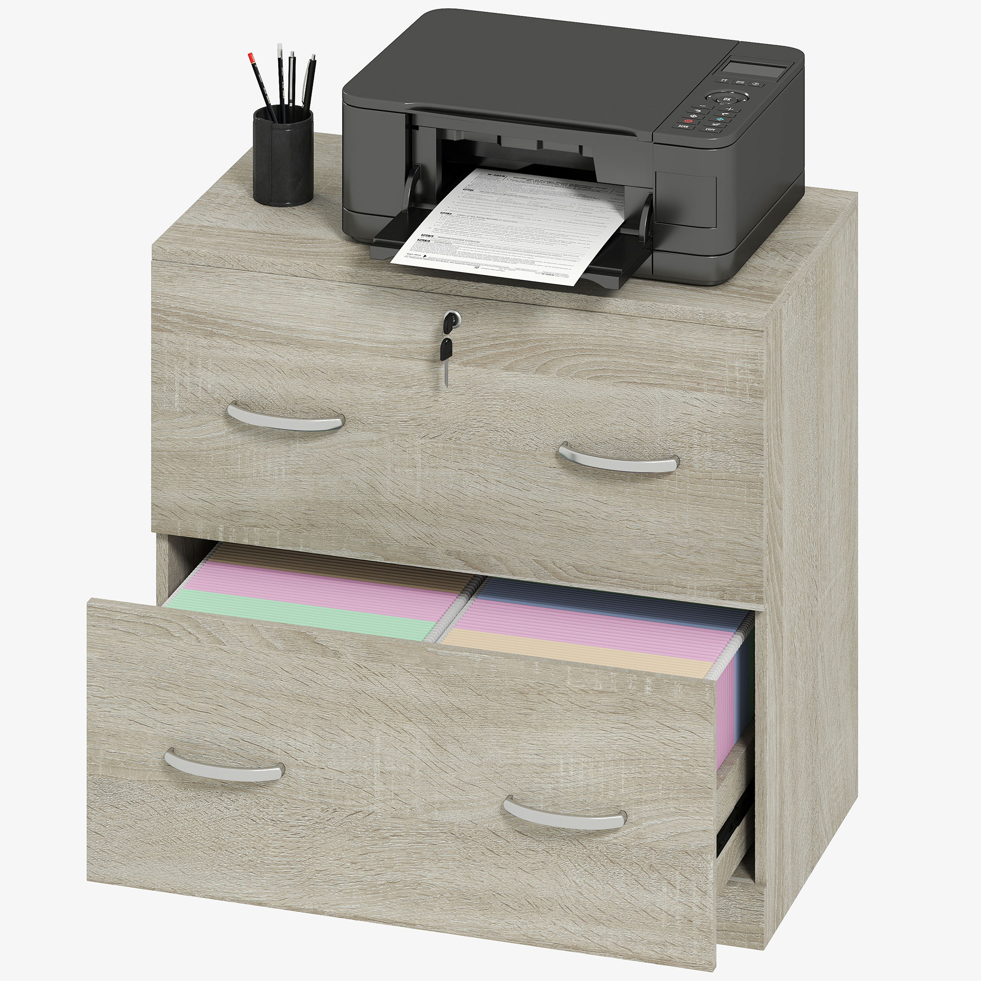 Vinsetto Büro-Aktenschrank mit 2 Schubladen Büro-Aktenschrank mit Führungen für Hängemappen für A4 Schloss und 2 Schlüssel für Studie Wohnzimmer 74x42x72 cm Natur   Aosom