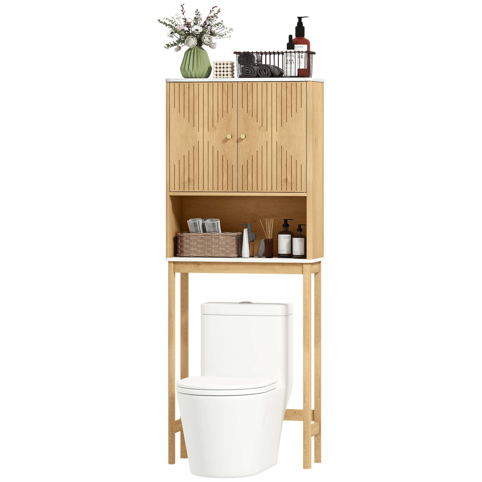 HOMCOM WC-Über-Toilettenmöbel mit Doppeltürenschrank, verstellbarem Regal und offenem Regal, 66 x 25 x 168 cm, Eiche Aosom