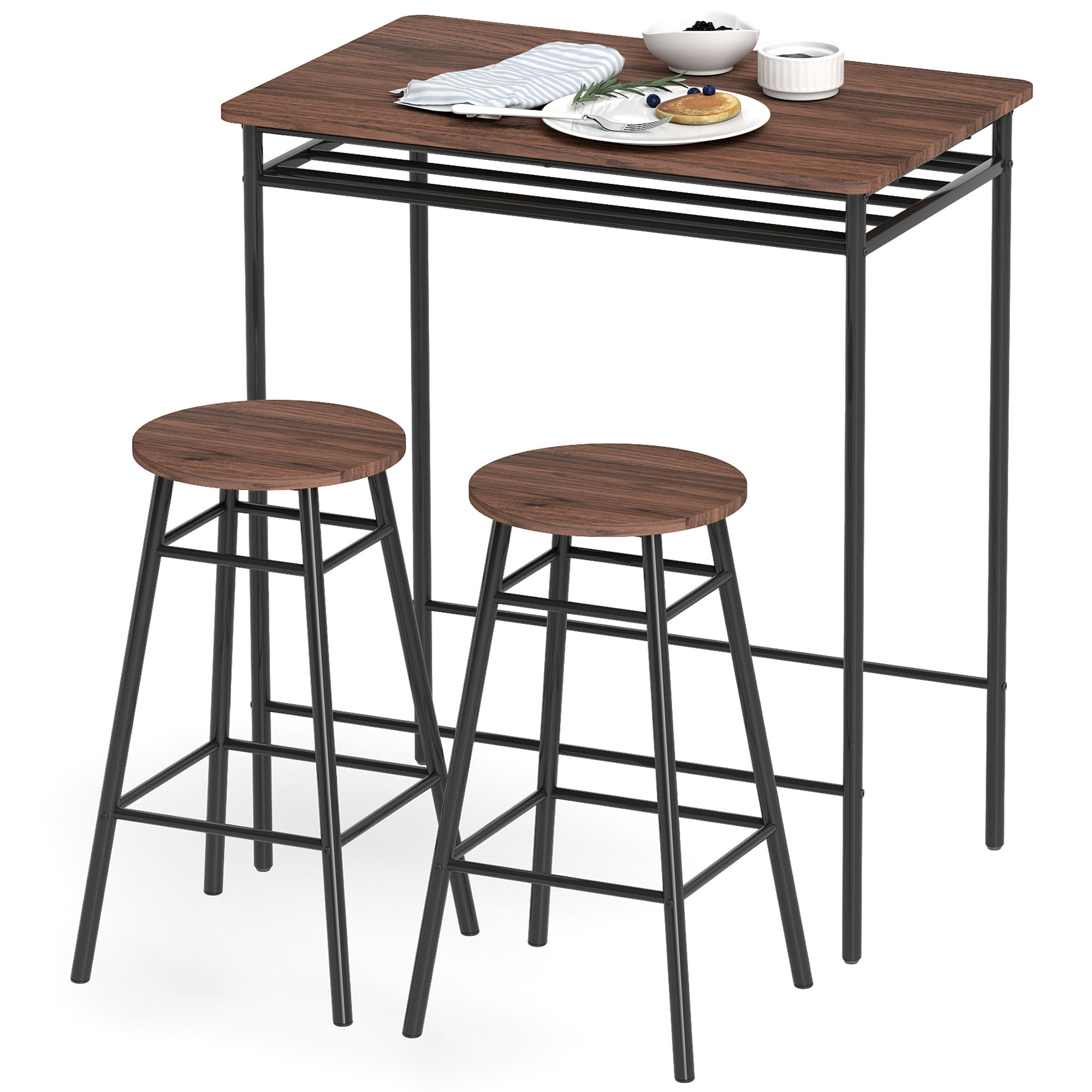 HOMCOM Bartisch-Set mit 2 Barhockern, Hoher Küchentisch mit Industriestil, Offenes Regal, Fußstütze, Platzsparend, für kleine Räume, Esszimmer, Wohnzimmer, Braun Aosom