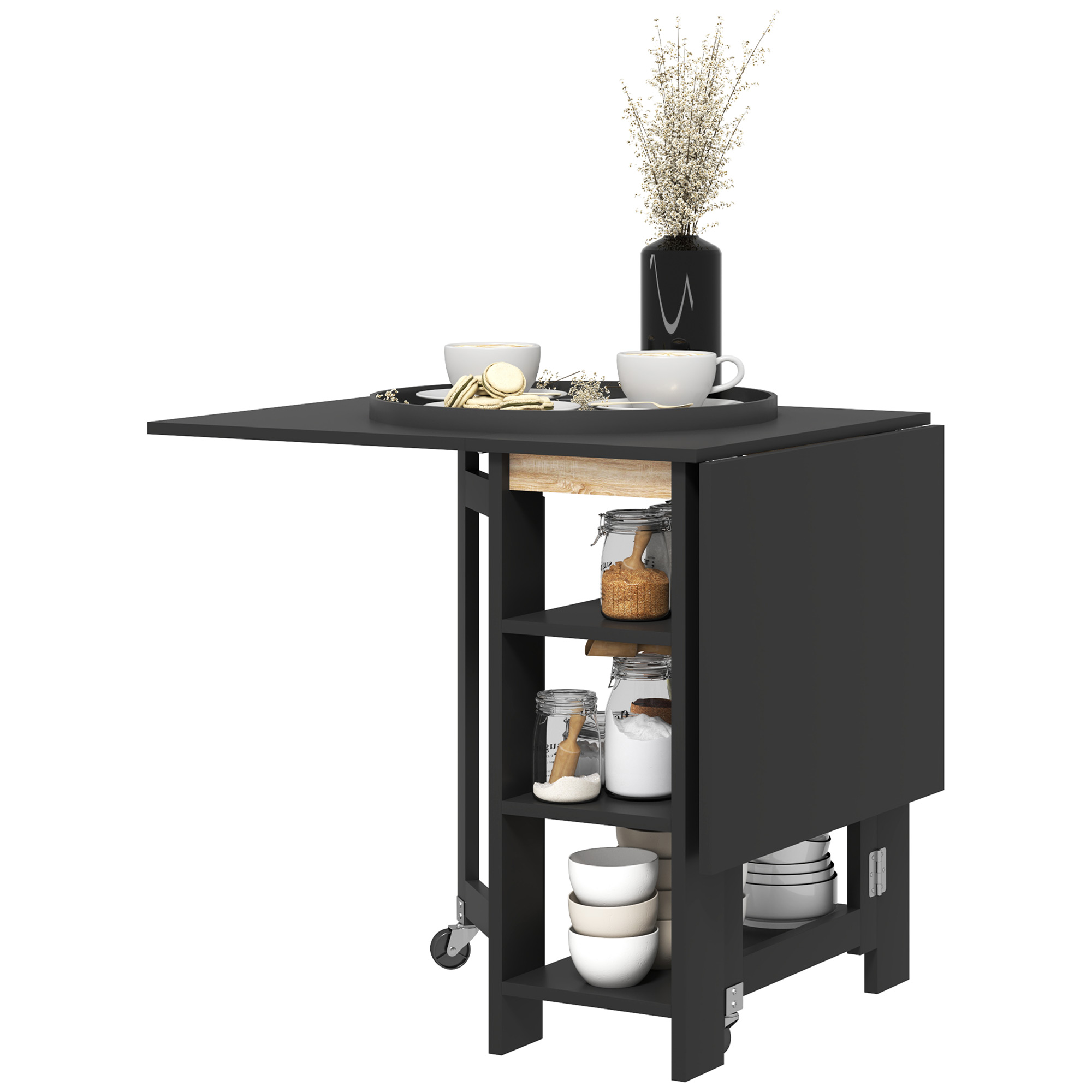 HOMCOM Klappbarer Esstisch, faltbarer Küchentisch, auf Rollen, mit 2 Klappen und 3 Regalen, modernes Design, Küchentisch für kleine Räume, 120 x 60 x 75 cm, Schwarz   Aosom