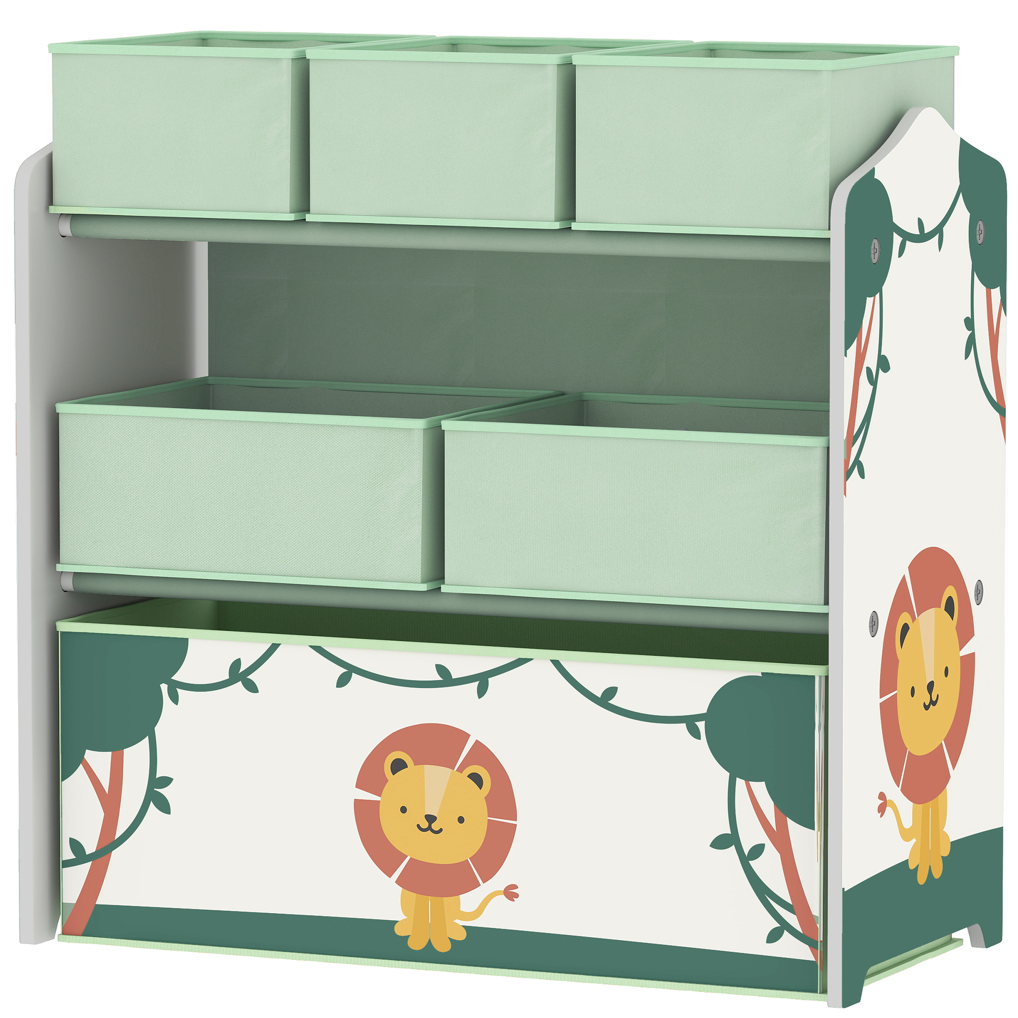 AIYAPLAY Kinder Spielzeugregal mit 6 herausnehmbaren Non-Woven-Stoffboxen, 3-stufiger Spielzeugorganizer für Kinderzimmer, Spielzimmer, Kindertagesstätte, 63x30x66 cm, Grün Aosom