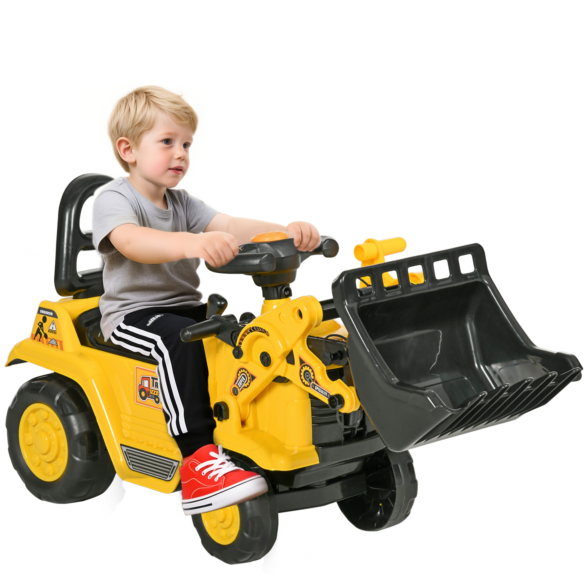 HOMCOM Rutschauto Kinderbagger Sitzbagger mit Ablagefach und Hupe, Laufrad in Gelb und Schwarz für drinnen und draußen Aosom.de