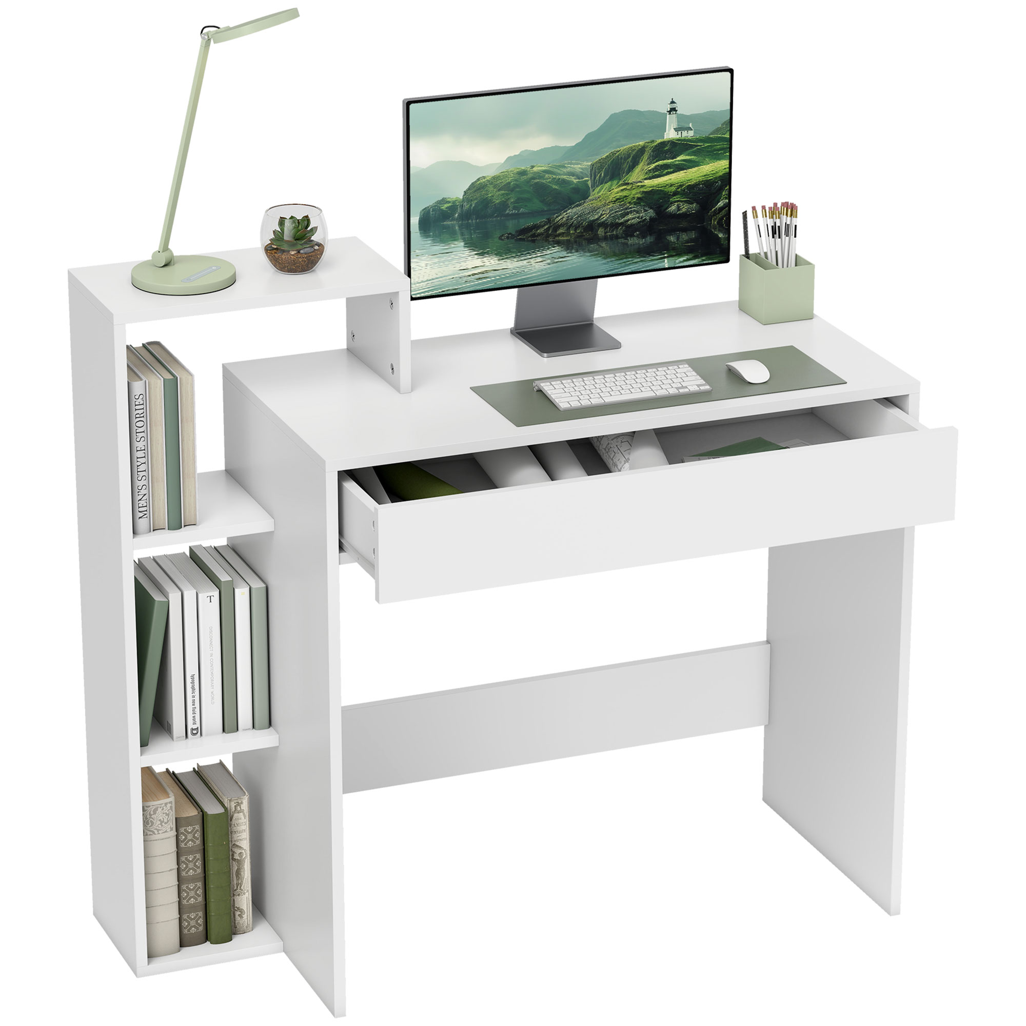 HOMCOM Platzsparender Moderner Schreibtisch mit 3 Offenen Regalen und Großer Schublade, Schreibtisch mit Bücherregal aus Holz, Computertisch für Büro, Arbeitszimmer und Schlafzimmer, 100x40x90 cm, Weiß Aosom
