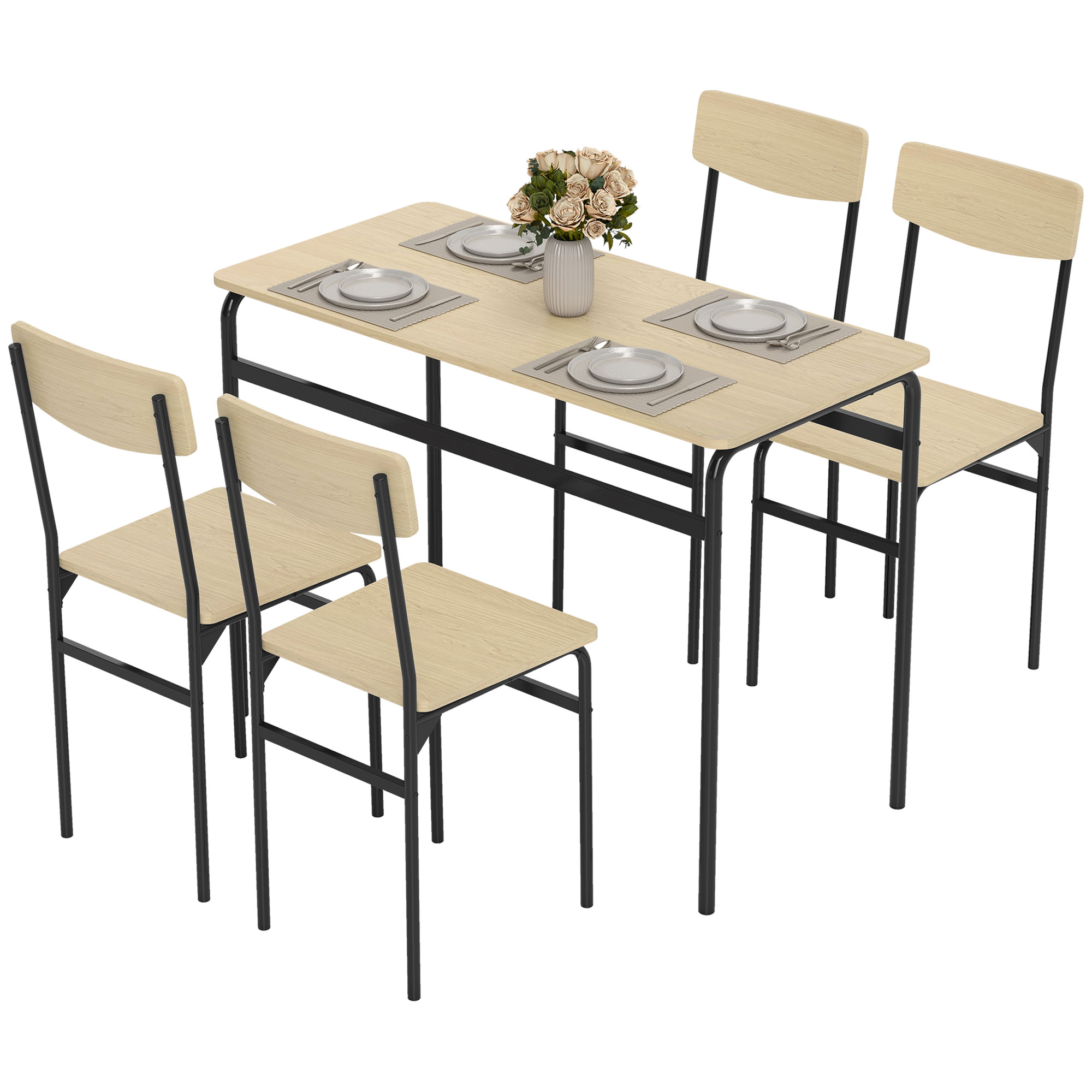 HOMCOM Set Tisch und Stühle Esszimmer 5-teilig, Rechteckiger Esstisch und 4 Stühle aus Holz und Metall, Platzsparend, Industriedesign, für Wohnzimmer Küche, Schwarz und Holzfarbe Aosom