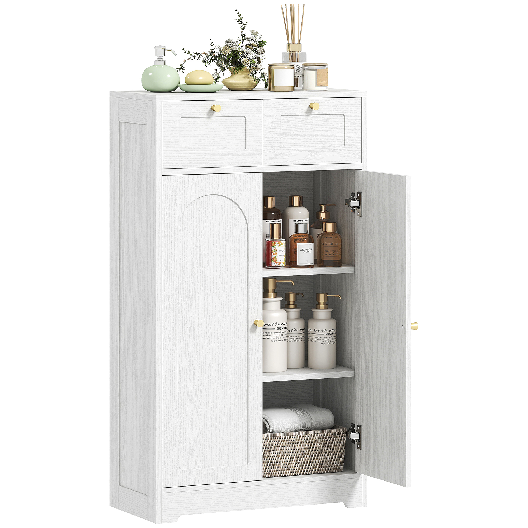 HOMCOM Schmaler Badezimmerschrank, Badezimmer-Nebenschrank, 60x30x108 cm, mit 2 Schubladen, Offenem Regal und Gewölbter Tür, Moderner Stil, für Kleine Räume, Geprägtes Weiß   Aosom