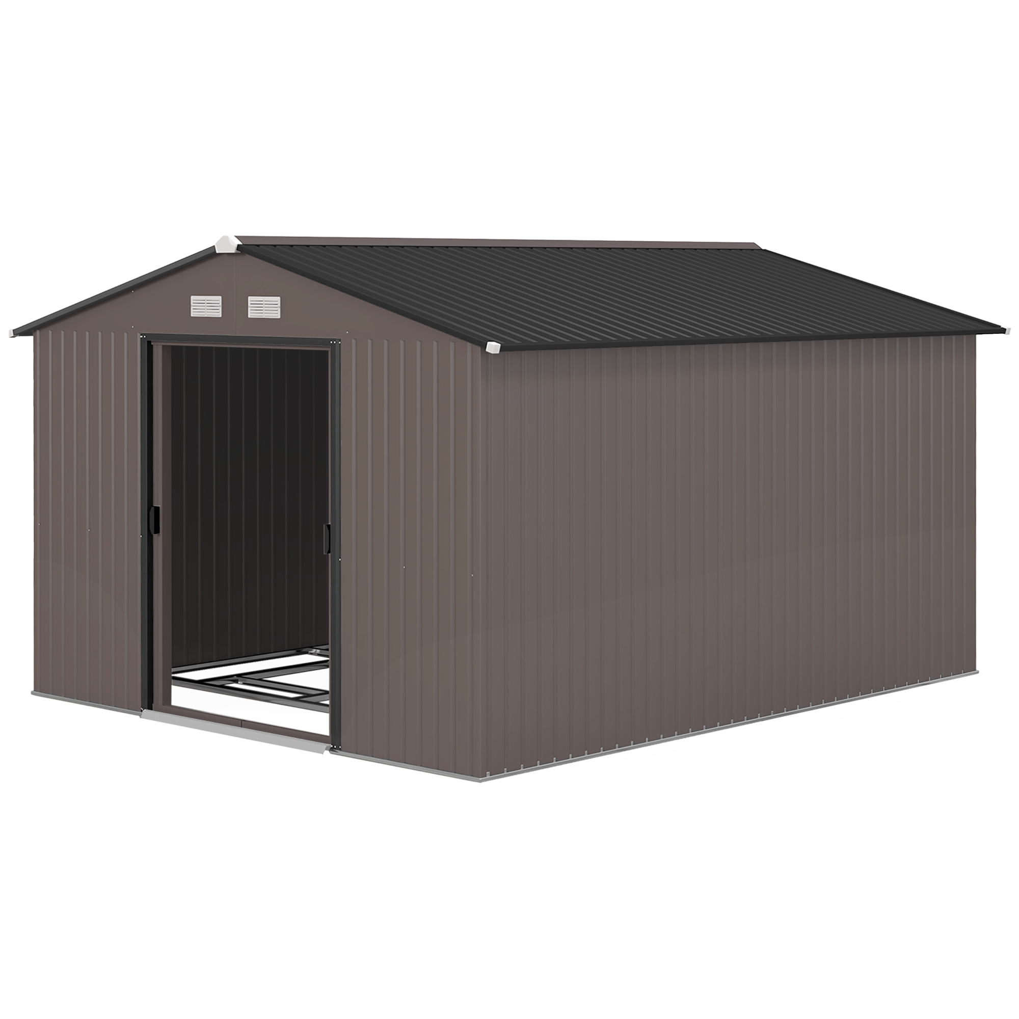 Outsunny Gartenhaus 8,3m² aus verzinktem Stahl mit Belüftungsschlitzen, Gartenpavillon mit geneigtem Dach, Doppel-Schiebetüren, abschließbarer Werkzeugschuppen, 277x322x192 cm, Braun   Aosom