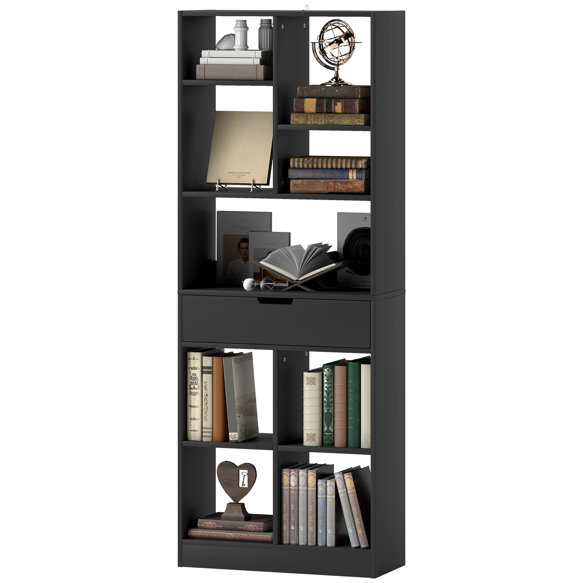 HOMCOM Bücherregal mit zentralem Schubfach und offenen Regalen, freistehendes platzsparendes Holzregal, Raumteiler für Wohnzimmer, Schlafzimmer und Büro, 60x26x158 cm, Schwarz Aosom