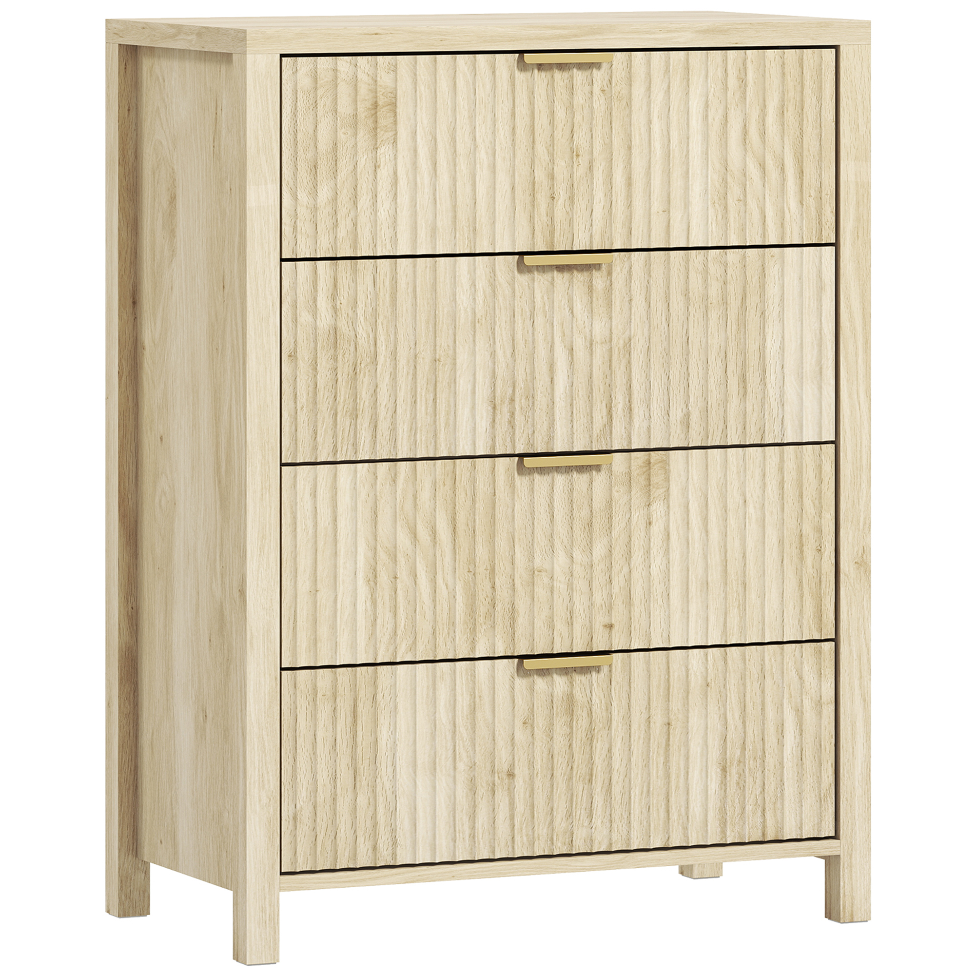 HOMCOM Kommode Schlafzimmer 4 gerillte Schubladen, Holz Kommode mit goldenen Griffen, für Wohnzimmer, Esszimmer und Flur, 70x38x93 cm, Naturholz   Aosom