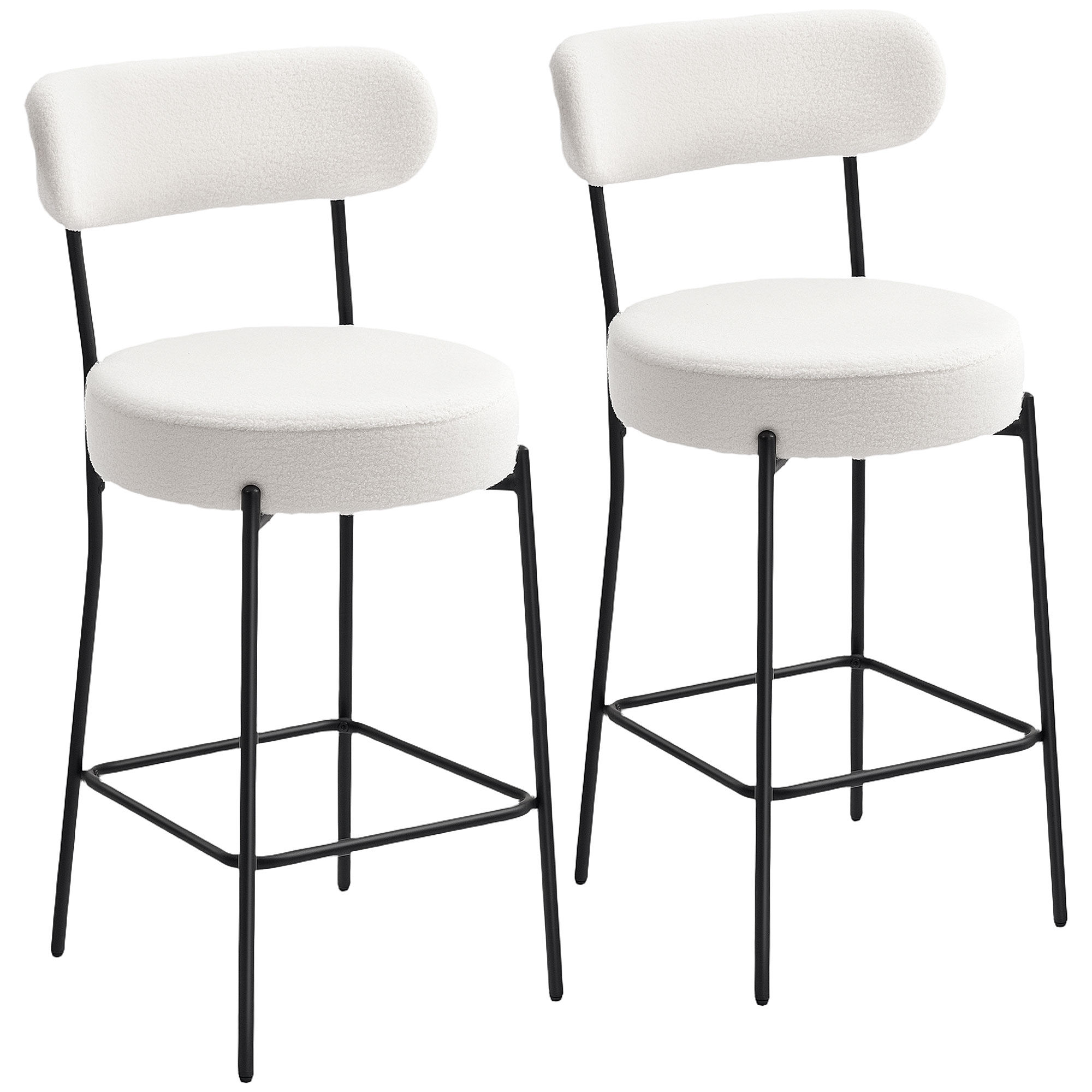 HOMCOM Set aus 2 Barhockern aus Bouclé-Stoff, Sitzfläche 68H cm, Barhocker, breite Sitzfläche, gebogene Rückenlehne, Fußstütze, Stahlbeine, Küchenhocker, Esszimmer, Theke, Creme Aosom