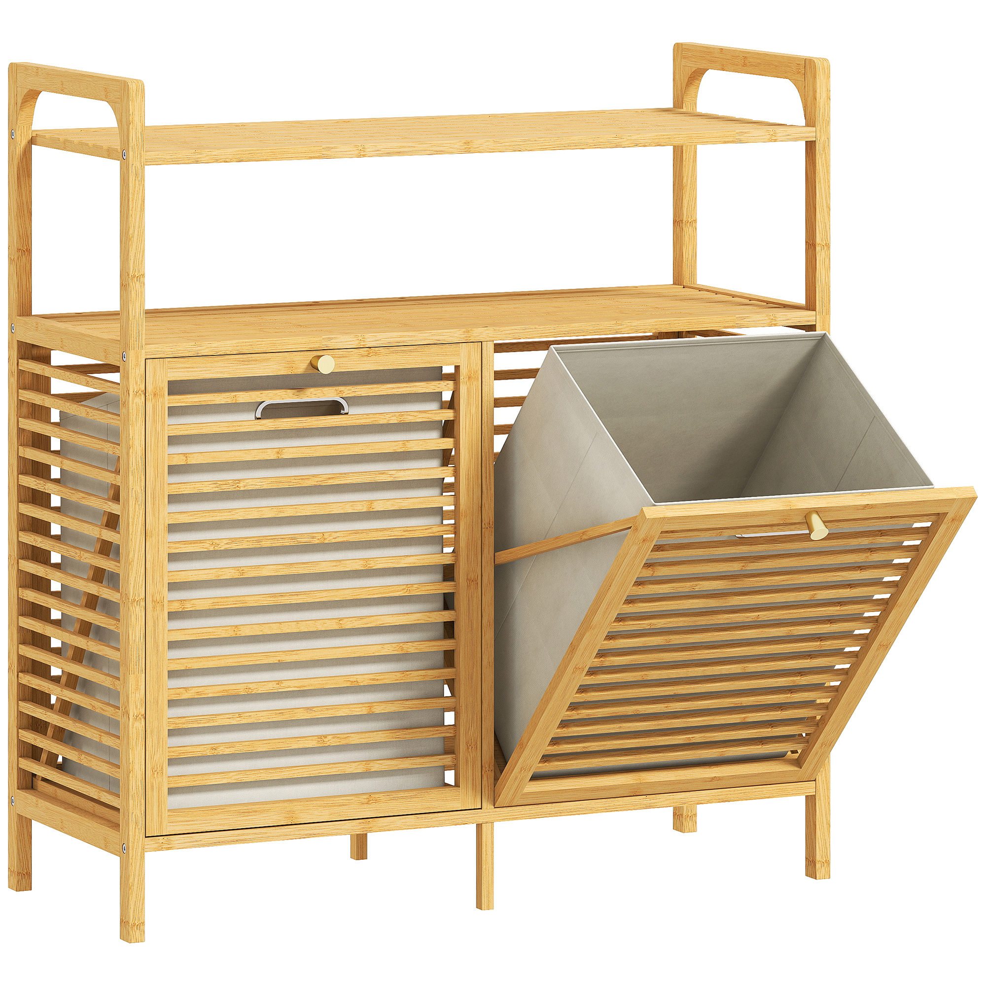 HOMCOM Badezimmerschrank mit 2 herausnehmbaren Wäschekörben Wäscheschrank aus Bambus mit 2 Ablagefächern Badschrank mit Griffen, Wäschesammler, Badmöbel für Badezimmer Natur 82 x 33 x 88 cm   Aosom