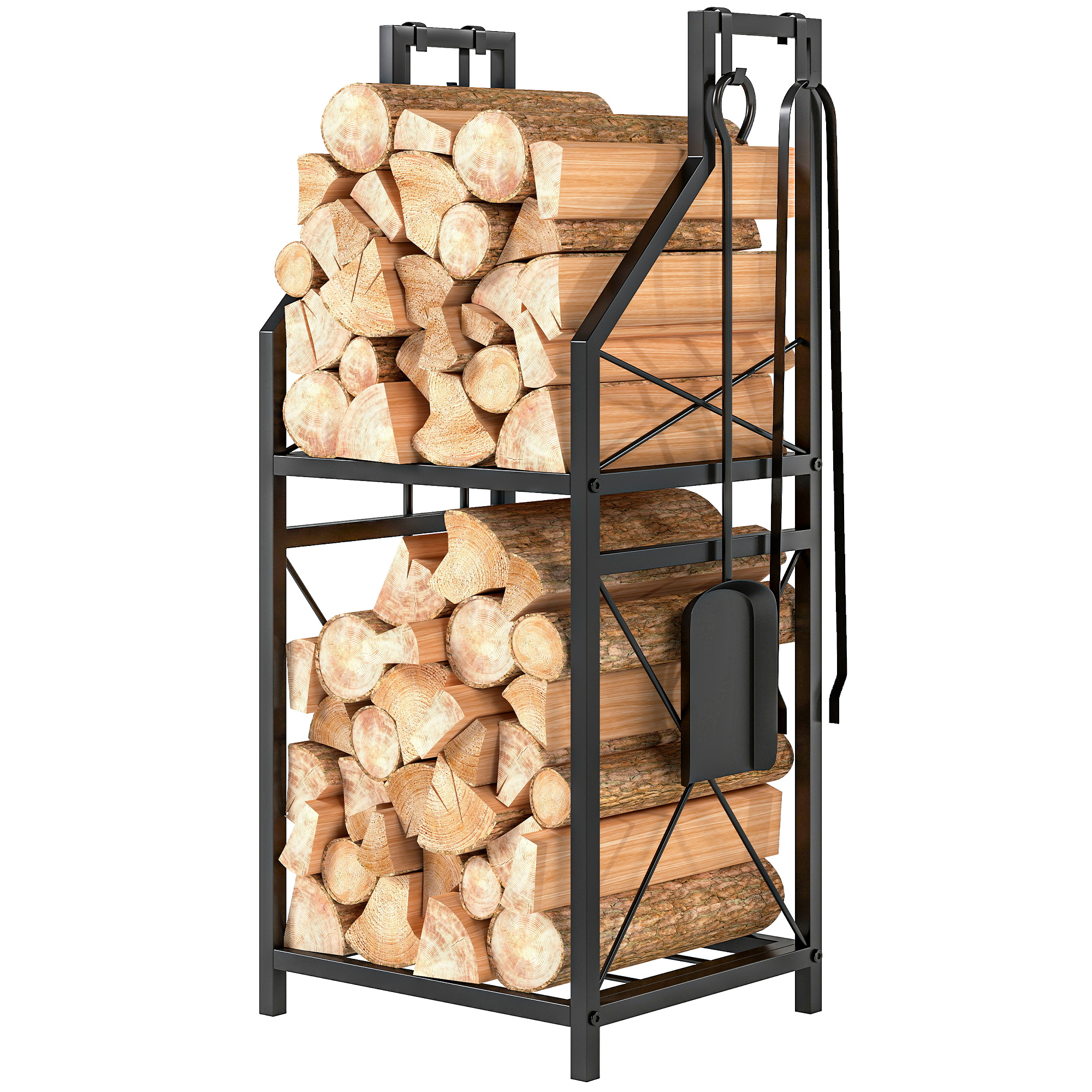 Outsunny Metallisches Kaminholzlager, 2-stufiger Holzständer, Außentisch für Brennholz mit 4 Werkzeugen, Haken und erhöhter Basis für Innen- und Außenbereiche, 34x30x80 cm, Schwarz   Aosom