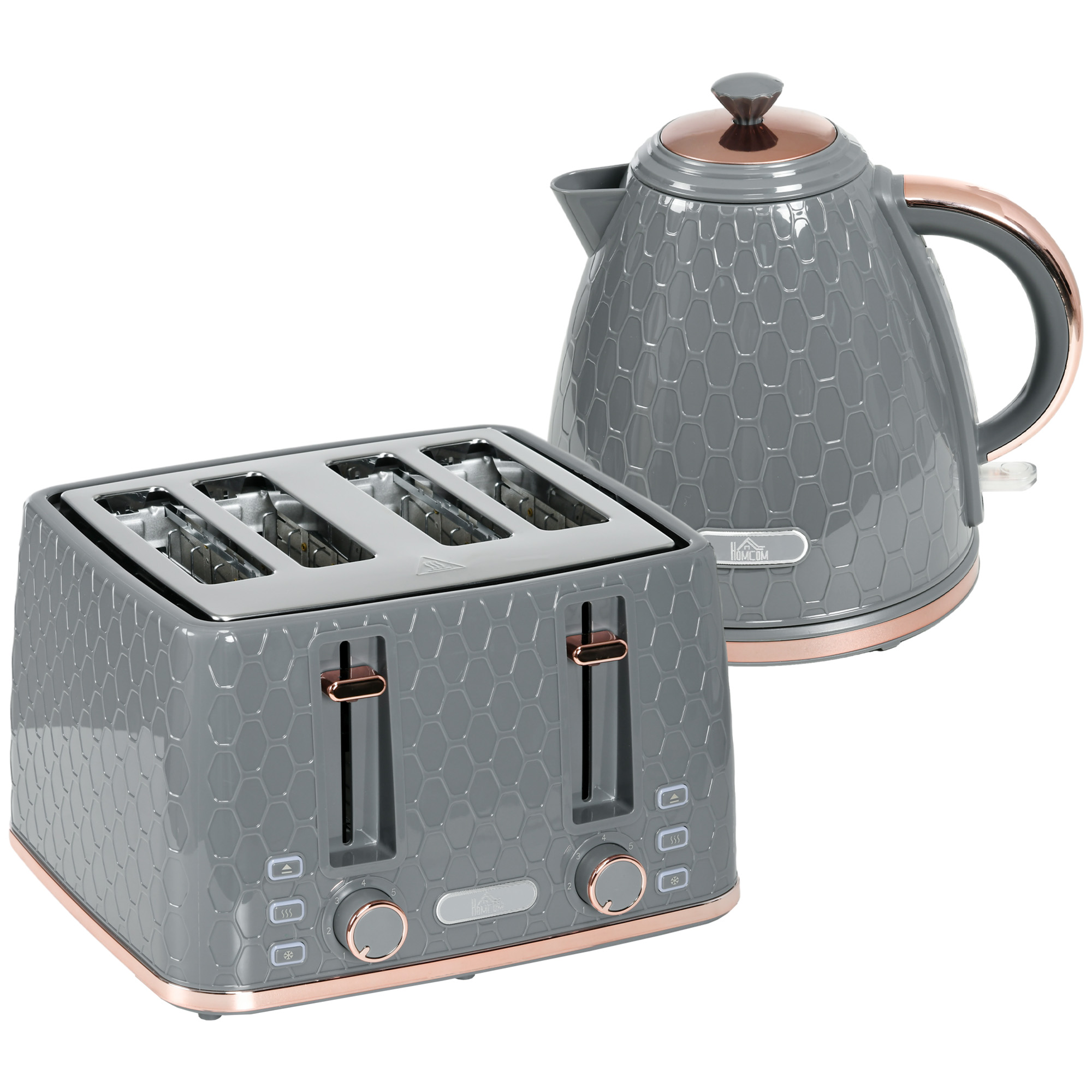 HOMCOM Wasserkocher Toaster Set 1,7L Wasserkocher 4 Toastscheiben Frühstücksset mit 7 Bräunungsstufen, automatischer Abschaltung, Auftau- & Aufwärmfunktion und Krümelfach, Grau   Aosom