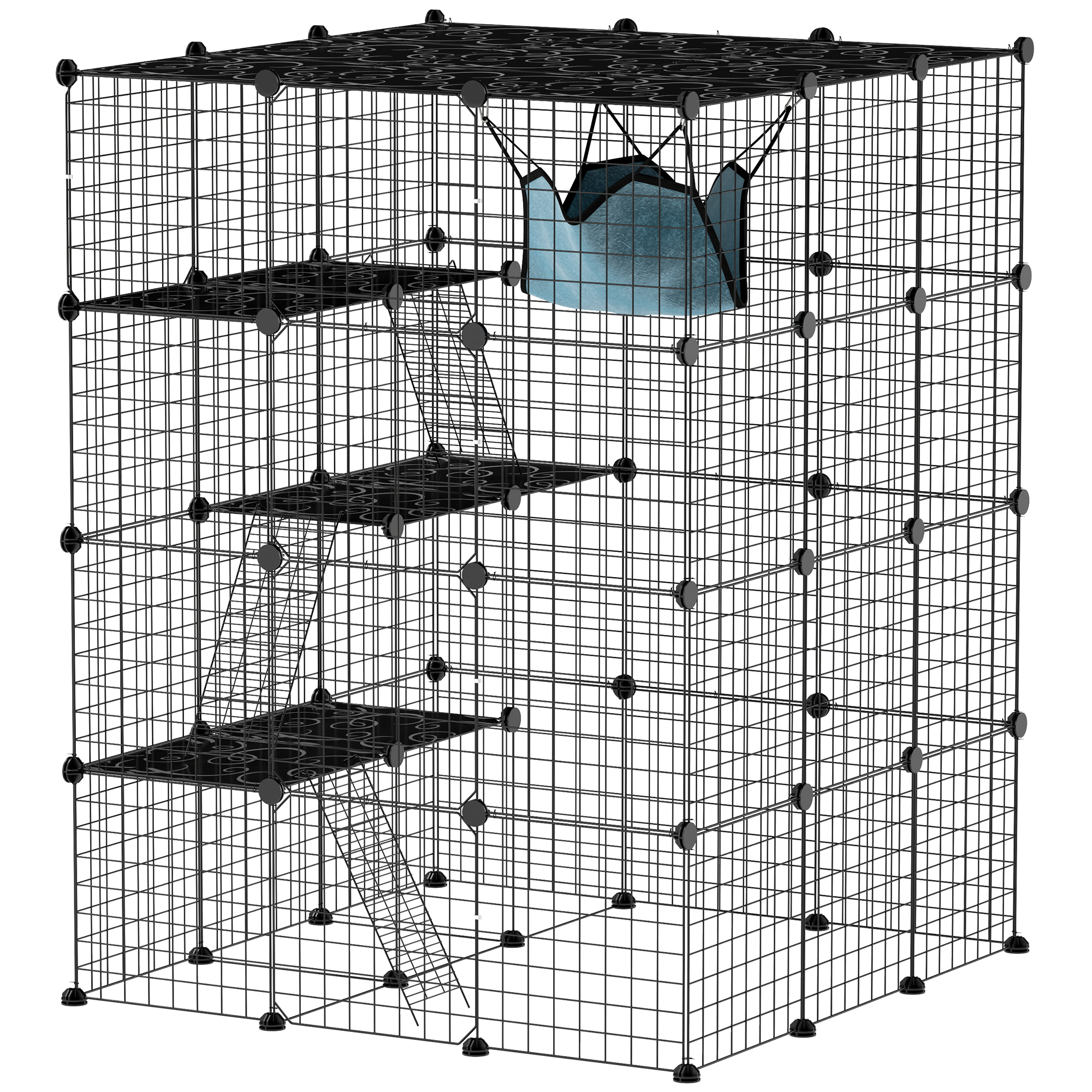 PawHut Katzenkäfig für Drinnen 4-stöckig Katzengehege mit dichtem Metalldraht Hängematte Rampe DIY-Katzenlaufstall mit Türen Sprungplattformen, Käfig für 1-3 Katzen 105 x 105 x 140cm Schwarz Aosom