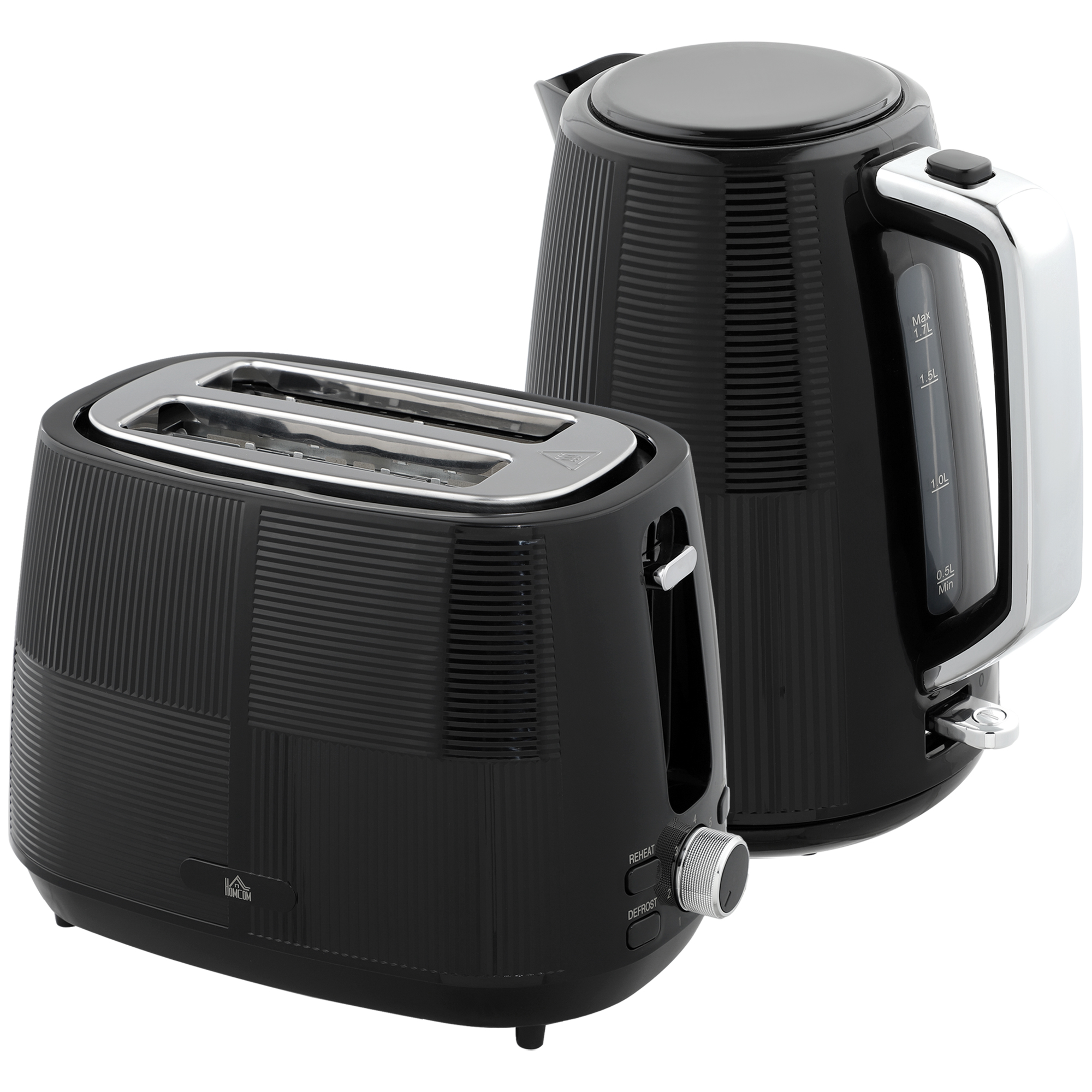 HOMCOM Wasserkocher Toaster Set 2200 W 1,7L Wasserkocher, 2 Scheiben Toaster, 7 Bräunungsstufen, Aufwärmen und Auftauen, Frühstück-Set mit Kalkfilter & Krümelfach Schwarz Aosom