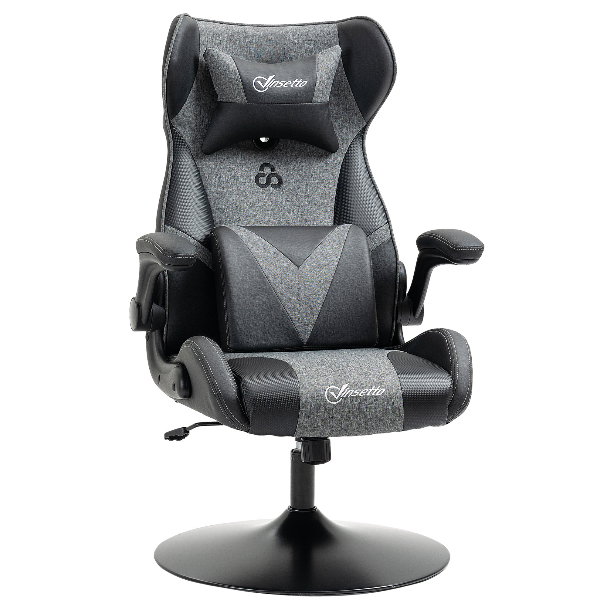 Vinsetto Gaming Stuhl Ergonomischer Gamer Stuhl mit Verstellbar Armlehne, Lendenwirbelstütze, Kopfkissen Höhenverstellbar Gaming Sessel mit Wippfunktion Kunstleder Leinenoptik Schwarz+Grau   Aosom