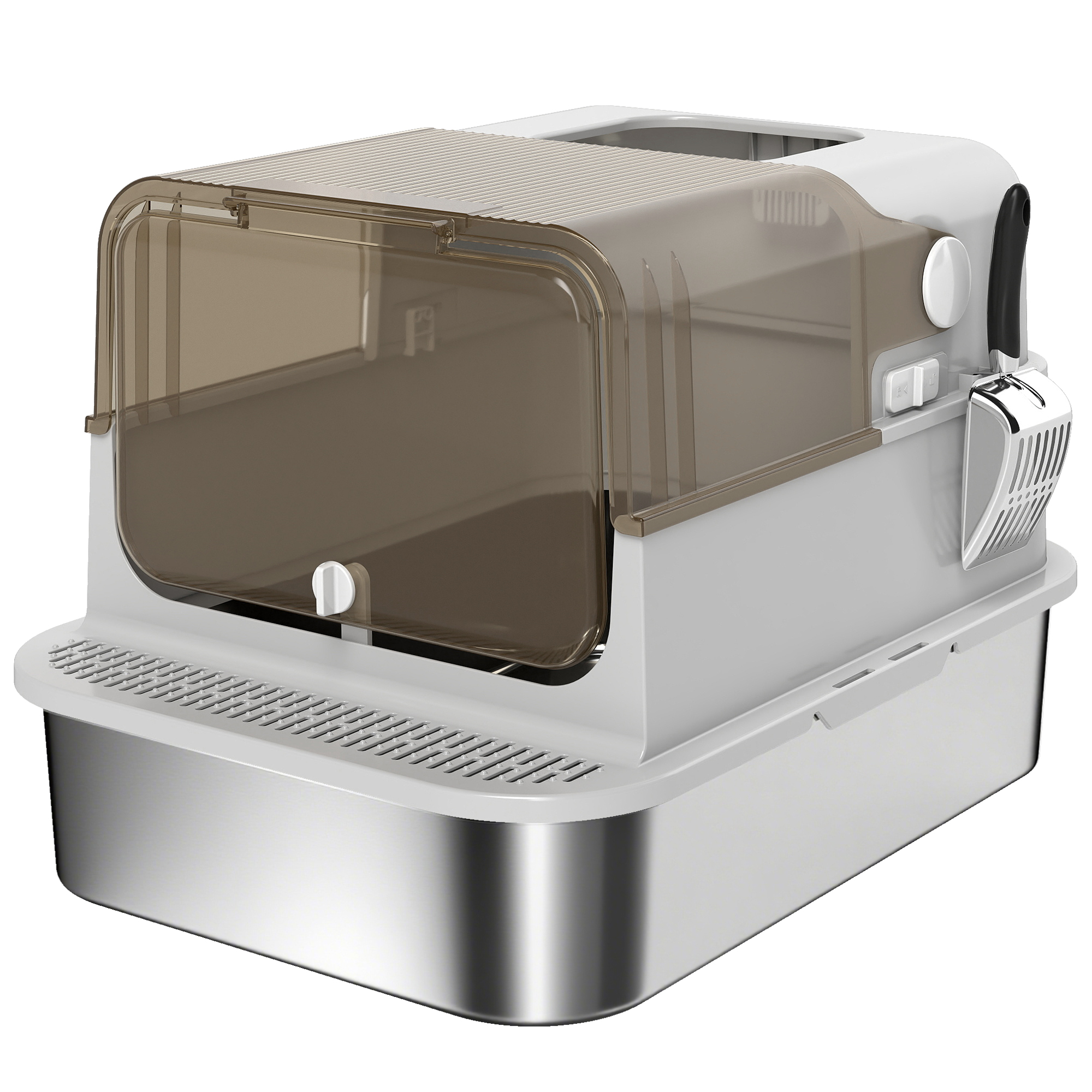 PawHut Katzenklo Edelstahl mit Deckel XXL Katzentoilette mit Doppeltüren, Schaufel, Pedal, ausziehbares Tablett, Leicht zu Reinigen, Geruchsresistent für große Katzen bis zu 20 kg, 70x50x46,5cm Grau   Aosom