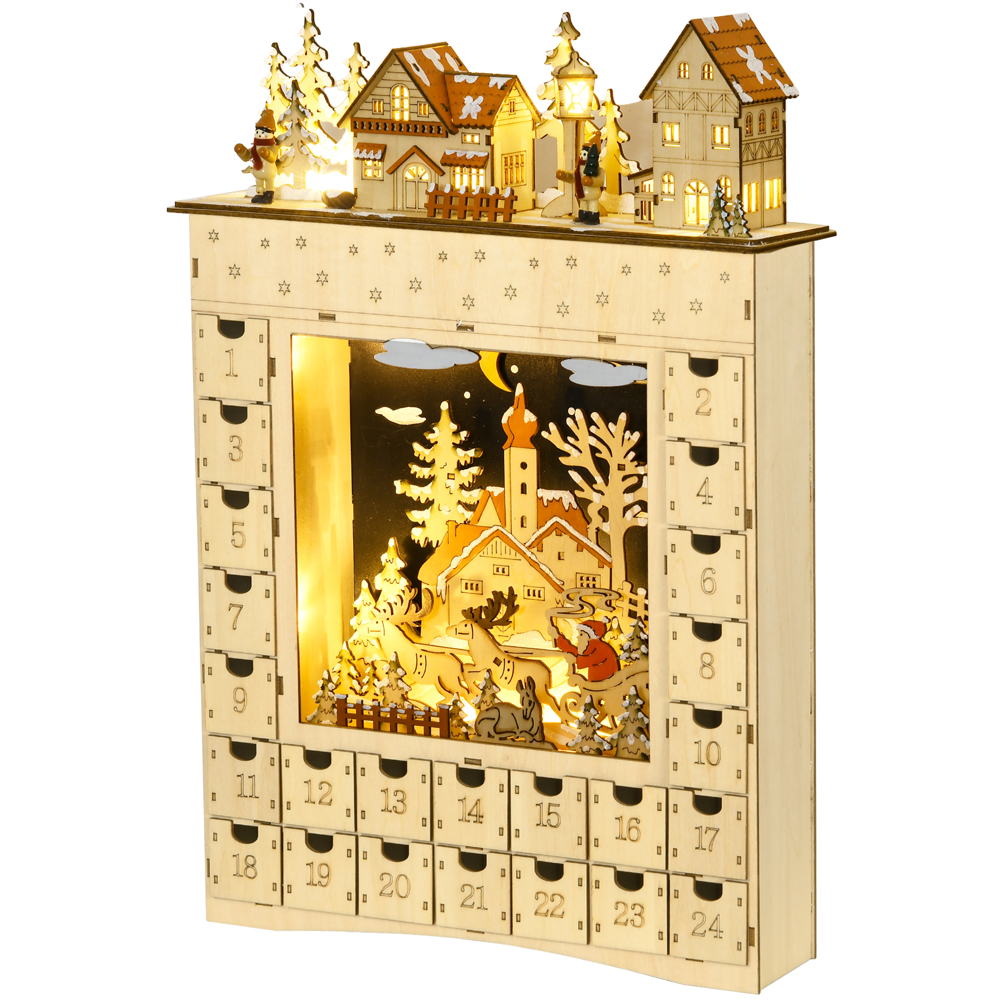 HOMCOM Adventskalender zum Befüllen 24 Schubladen Fächer Weihnachtskalender mit LED-Lichtern Adventskalenderbox Weihnachtsdekoration DIY Naturholz 36 x 9 x 52 cm Aosom