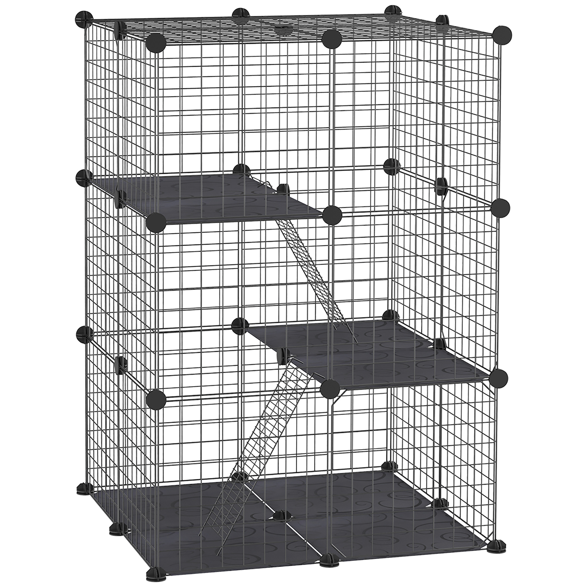 PawHut Modulare und Mehrstufige Kaninchen- und Meerschweinchenkäfig, Nagervoliere mit 3 Türen und Stahlgitter, Schwarz Aosom